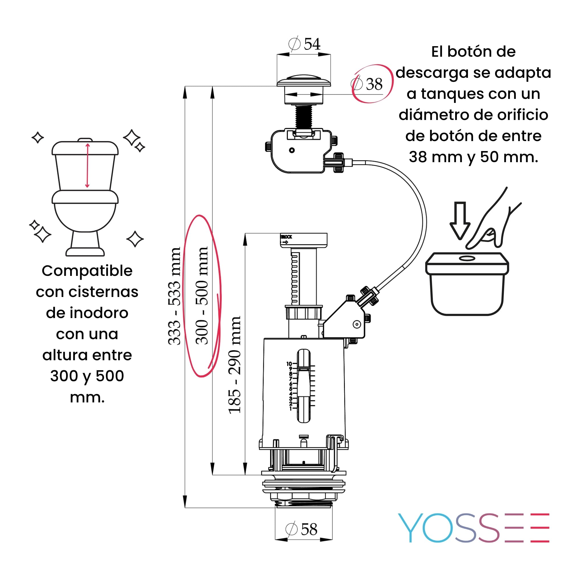 YOSSEE Descargador Cisterna Universal, Mecanismo de Descarga Cisterna WC | Doble Descarga 3/6 L, con Cable y Doble Pulsador Cromados