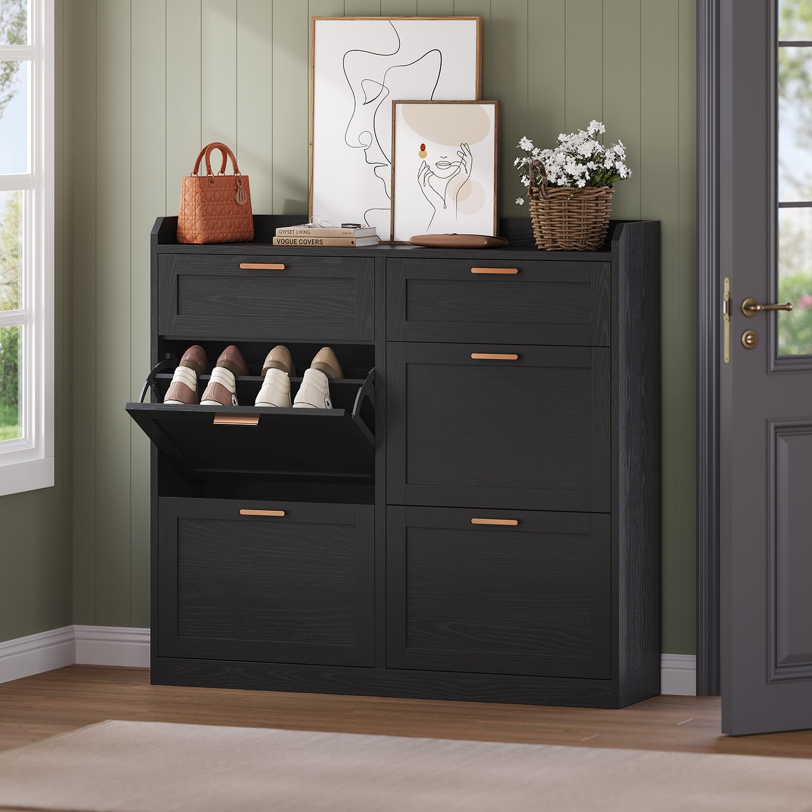 KIMENICH Scarpiera con 4 Scomparti a Ribalta, Scarpiera Salvaspazio, Scarpieras con 2 Cassetti, Divisorio Regolabile, per 16-24 Paia di Scarpe, Corridoio, Ingresso, 24 x 100 x 103 cm, Nero