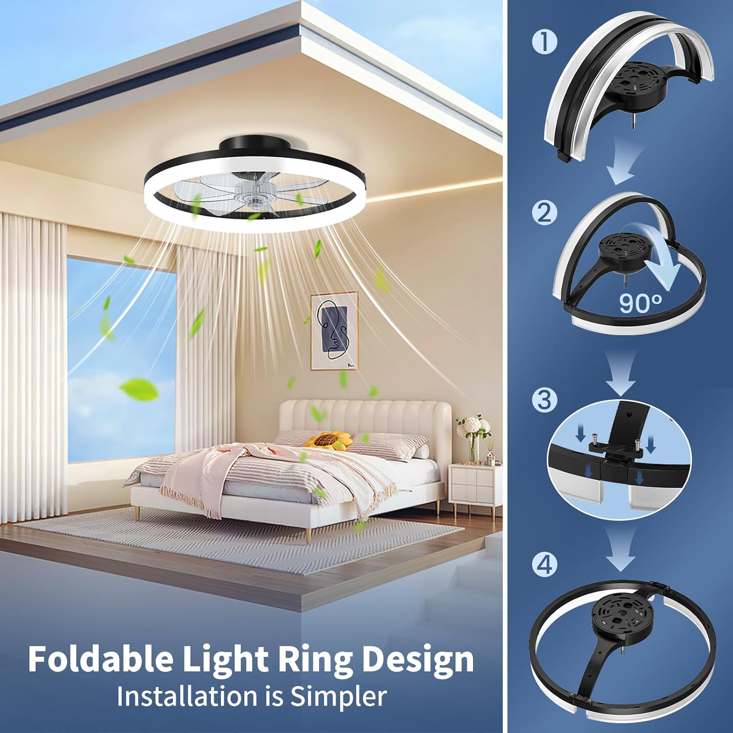 CHAREADA Ceiling Fan with Light, 20" Modern Low Profile Foldable Ceiling Fans with 6 Wind Speeds, Dimmable Smart Ceiling Fan Light with Remote for Bedroom, Kids Room and Living Room (Black)