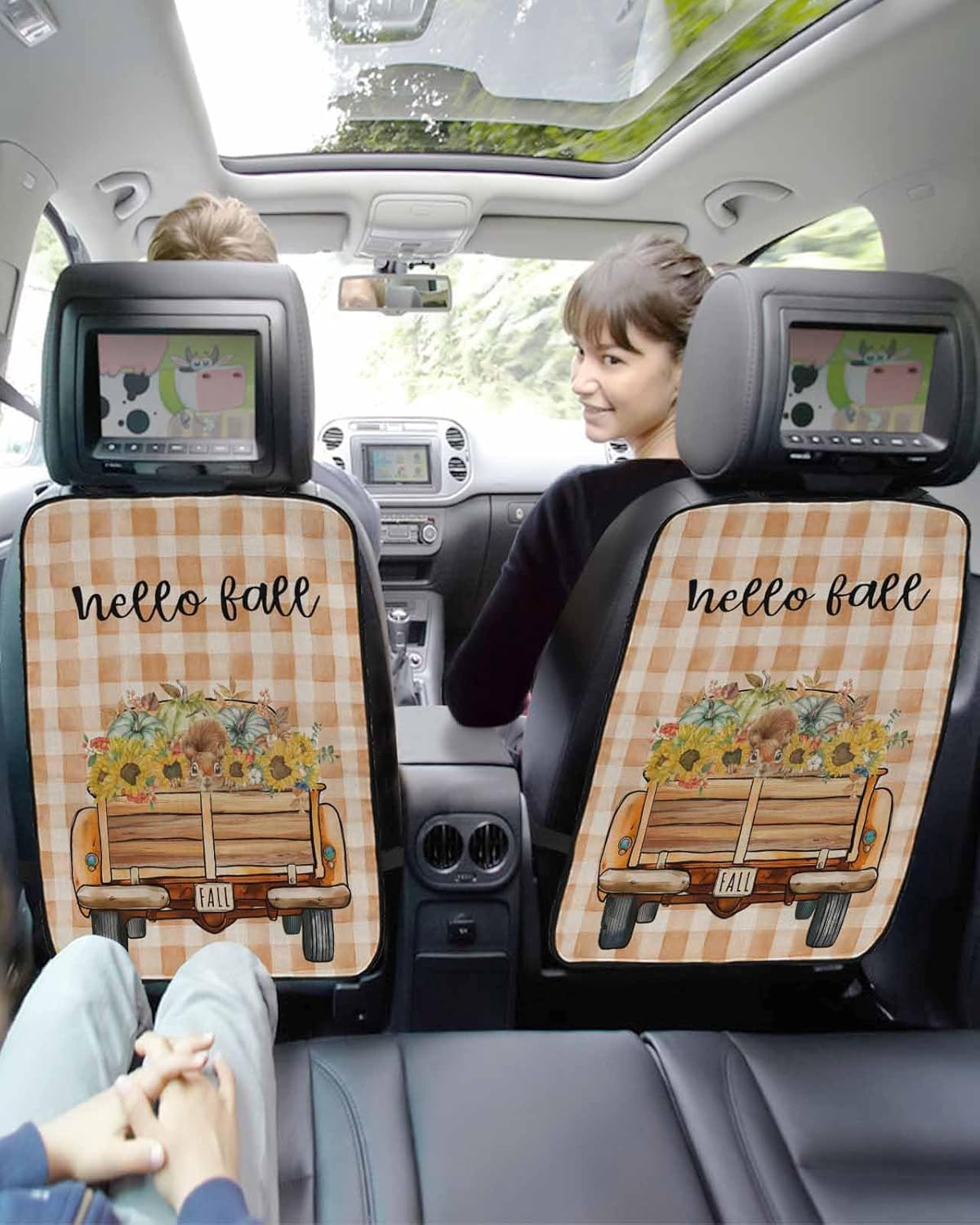 Car Seat Protector, 2 Pack Kick Mats Back Seat Protector Fall Watercolor Truck Pumpkin Sunflower Squirrel Brown Plaid Waterproof Backseat Cover for Kids Universal Fit Automotive Interior Protectors