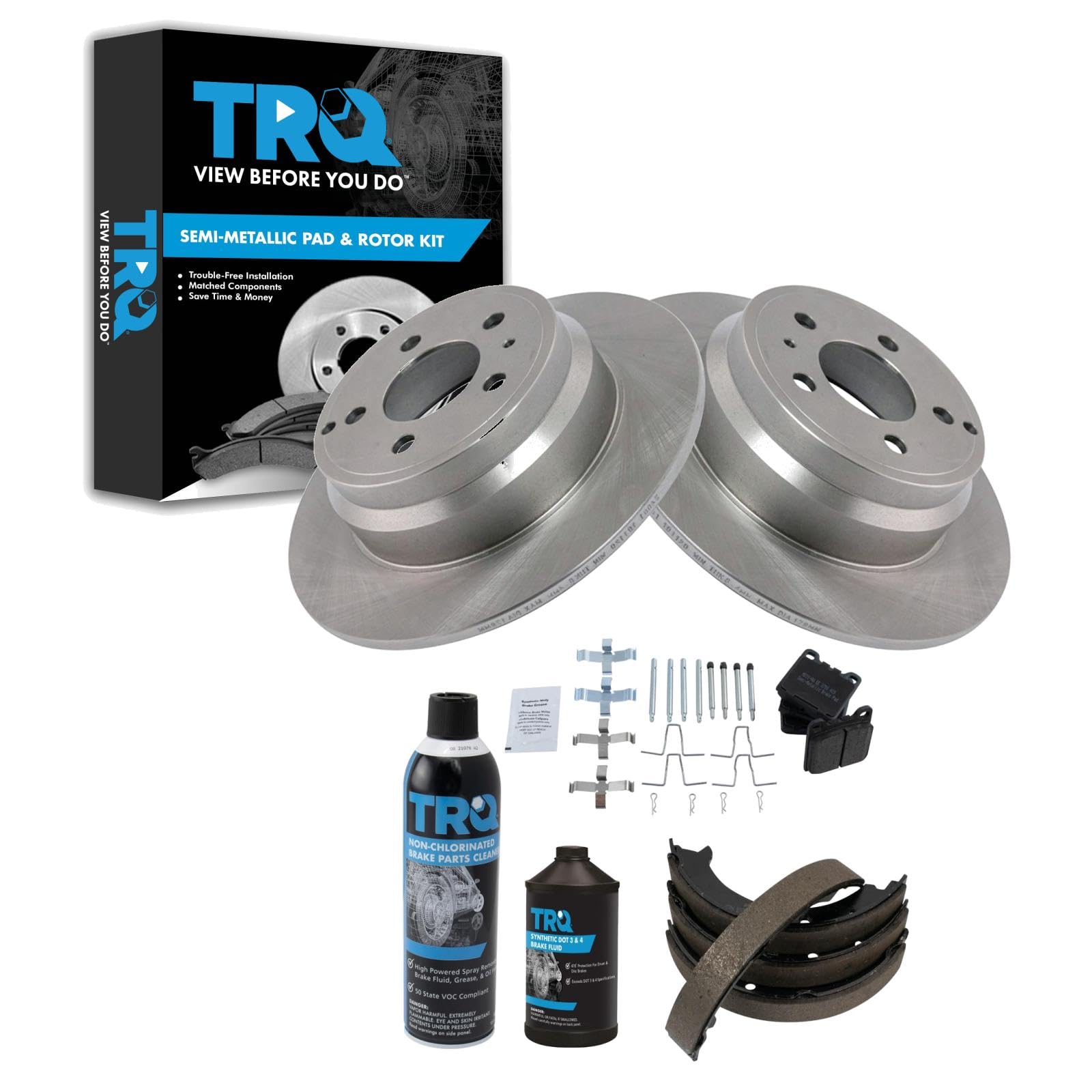 TRQ Rear Brake Pad &amp; Rotor Kit, with Chemical Kit Parking Brake Shoe Set Semi-Metallic Compatible with 1994-1996 Volvo 850 1998-2004 C70 1998-2000 S70