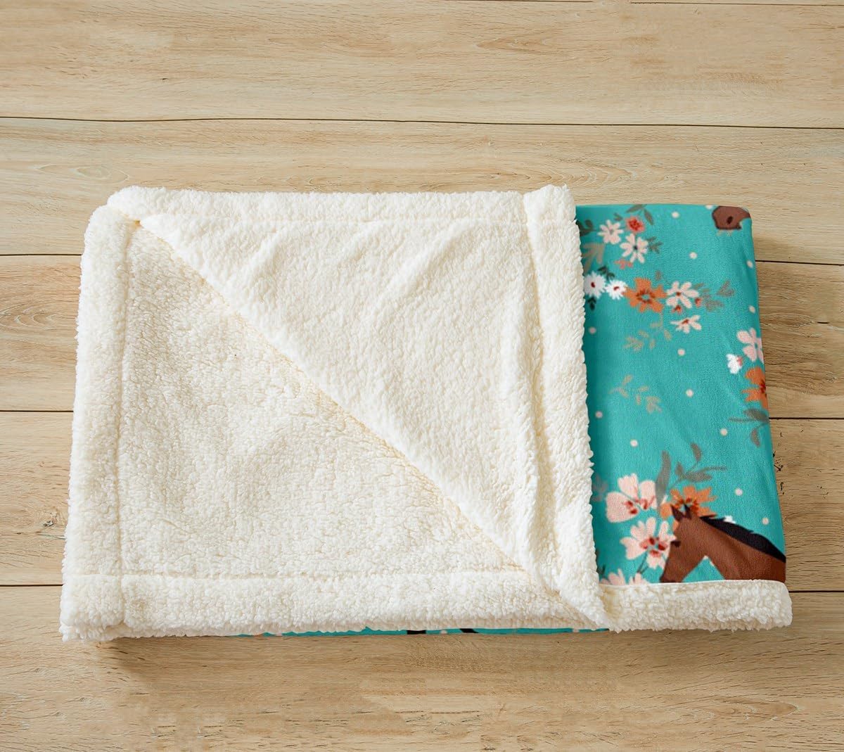 Feelyou Cartoon Horse Sherpa Blanket Boys Girls Flower Fleece Throw Blanket for Kids Women Men Kawaii Plush Blanket Blue Fuzzy Blanket for Sofa Bed Couch Room Decor Bedclothes,Twin 60x80 Inches