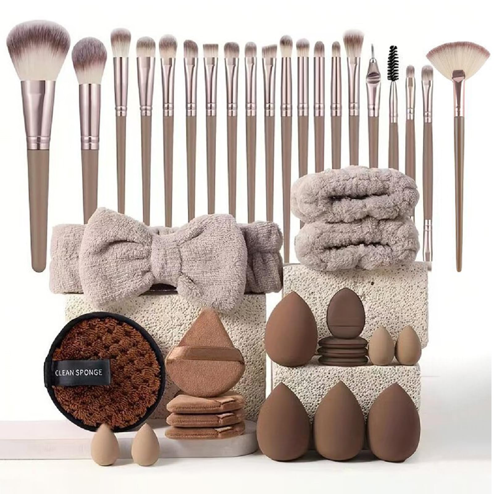Brochas de Maquillaje 40 Piezas, Set Profesional de Brochas de Maquillaje con Esponjas, Banda y Bolsa de Terciopelo, para Base, Polvo, Sombras de Ojos