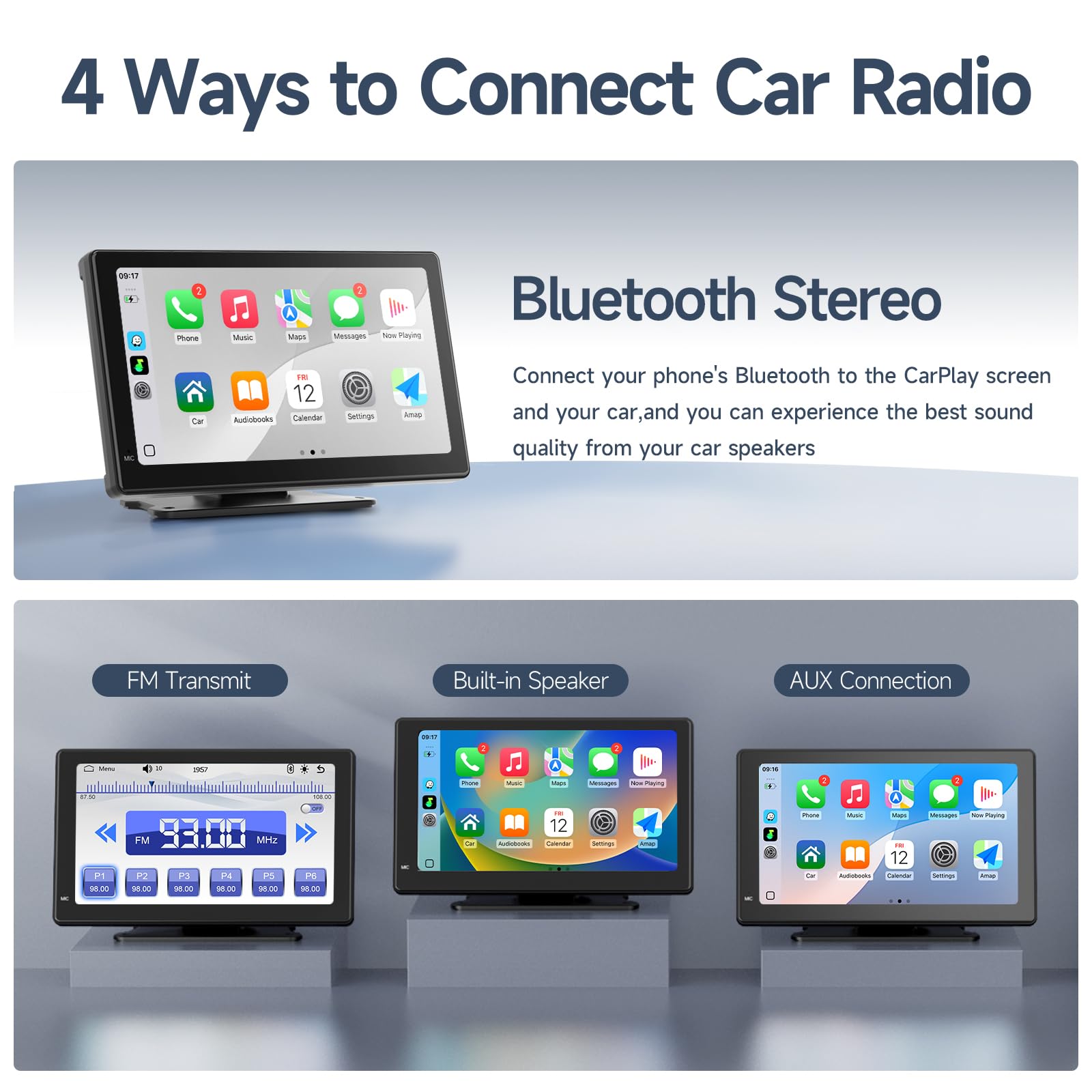Haudio Car Stereo 7Calowy Ekran Carplay dla Apple i Android Auto,Przenośny Odtwarzacz Samochodowy Tylną Kamerą 1080P,Odtwarzacz Samochodowy ze Sterowaniem Głosowym i Mirro Link do Wszystkich Pojazdów