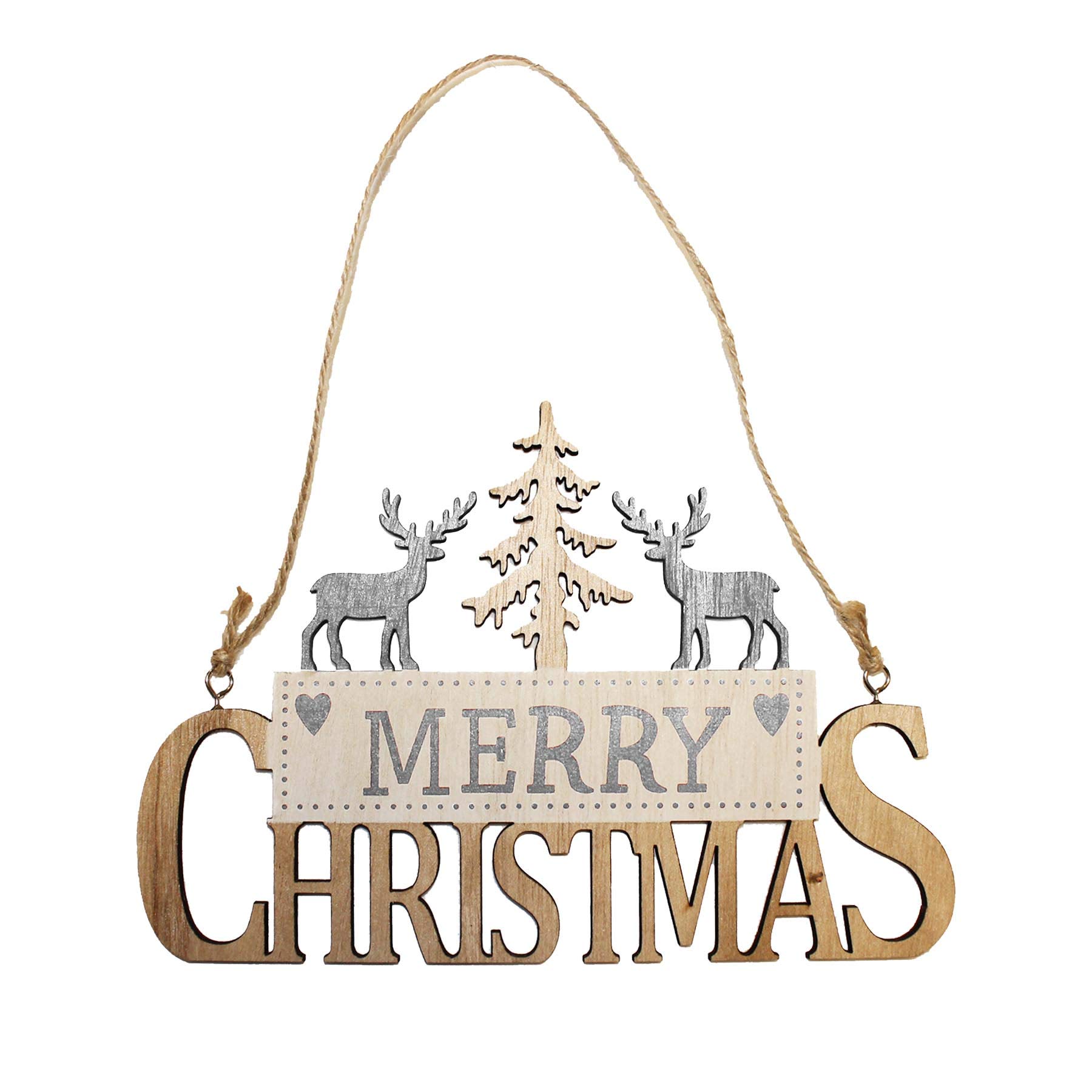 Davies Silver Merry Christmas Wooden Hanging Sign With Reindeer And Tree