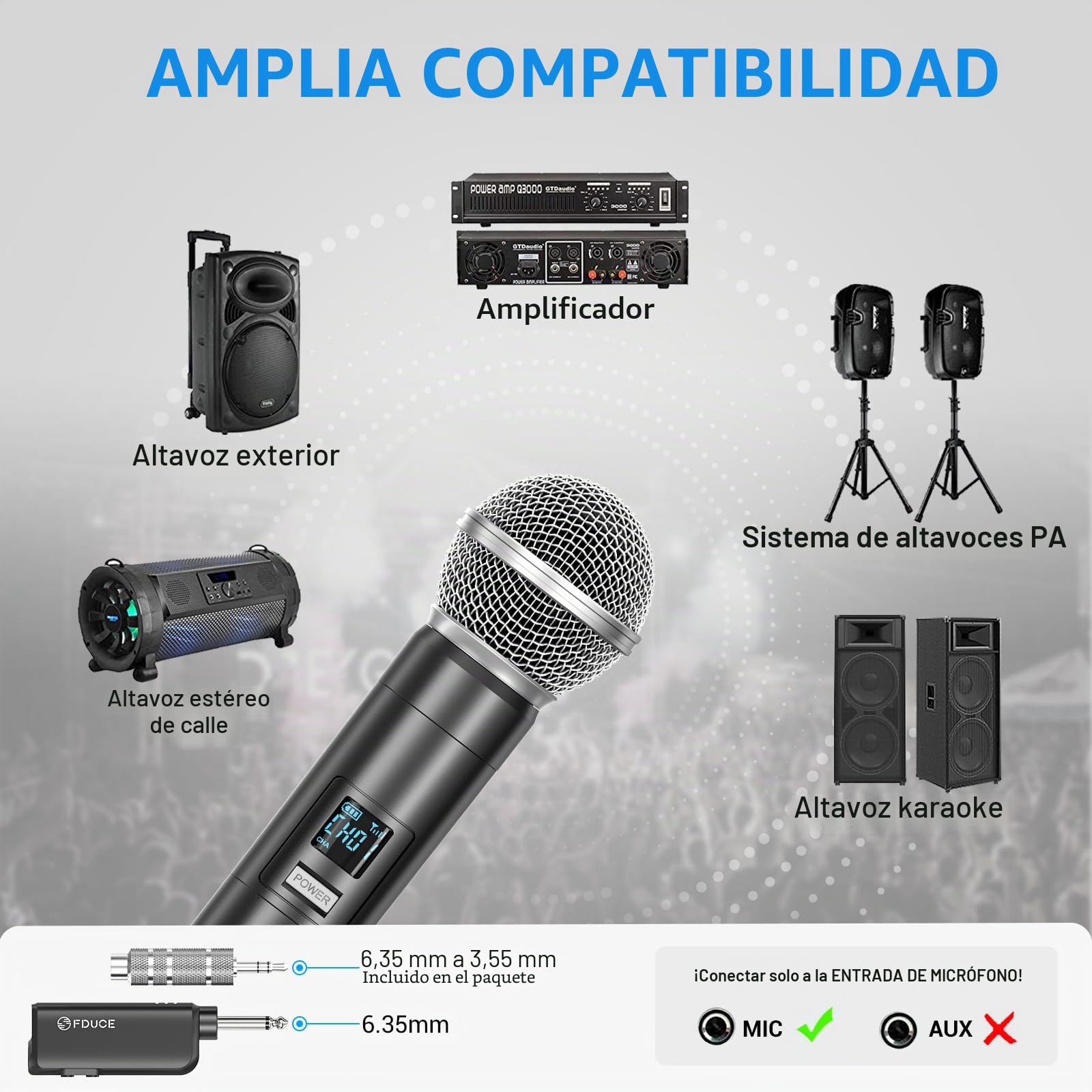 FDUCE W30 Micrófono Inalámbrico, Micrófono Dinámico UHF, Receptor Recargable con Botón de Ajuste de Volumen, para Karaoke, Canto, Fiesta Familiar (60 m)