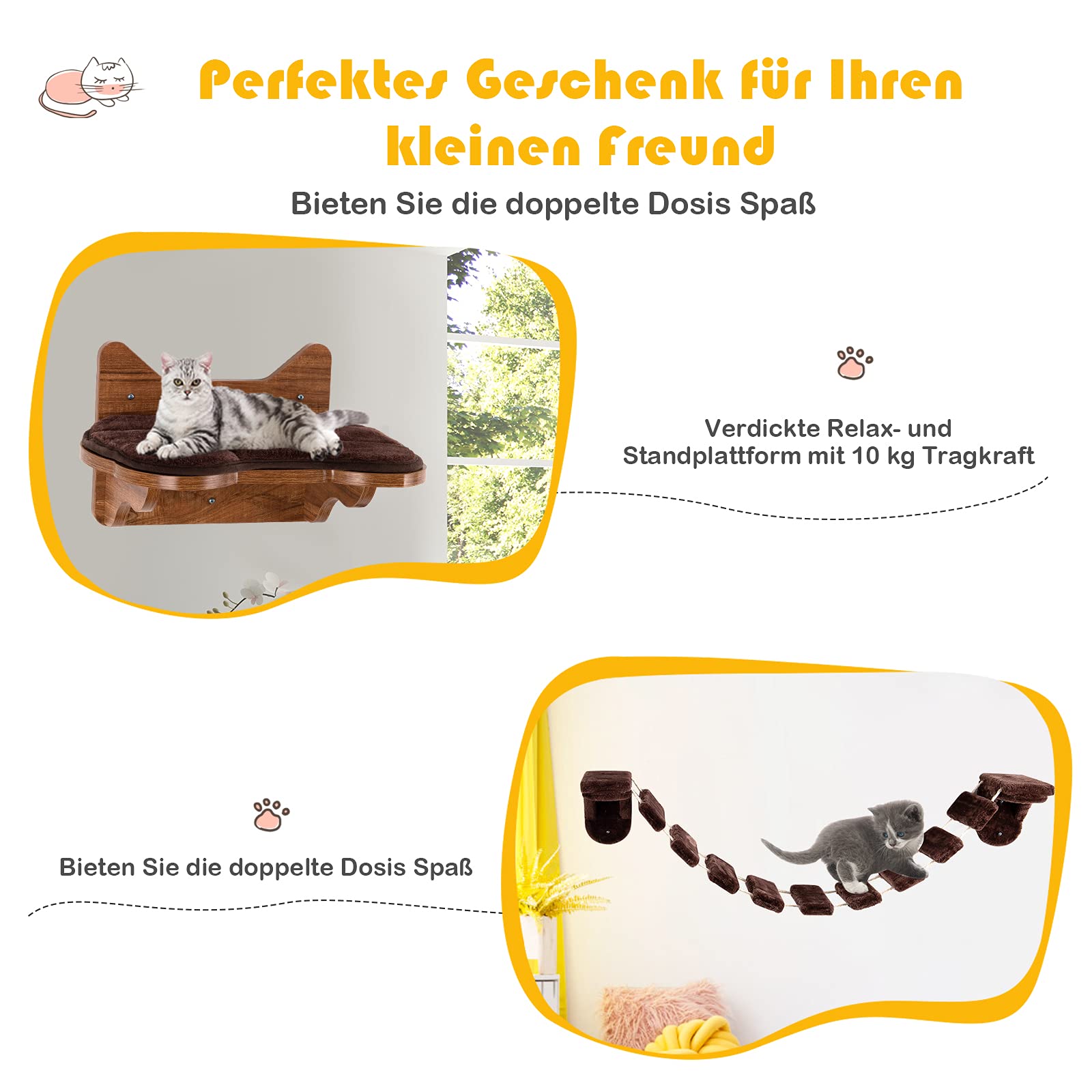 COSTWAY Kletterwand Katzen, 2 in 1 Katzenbrücke und Katzenliege, Katzenhängematte Wand Set, Hängebrücke Katzentreppe, Katzenbett Wandliege Hängematte, Katzenmöbel für Katze bis 10 kg, Braun