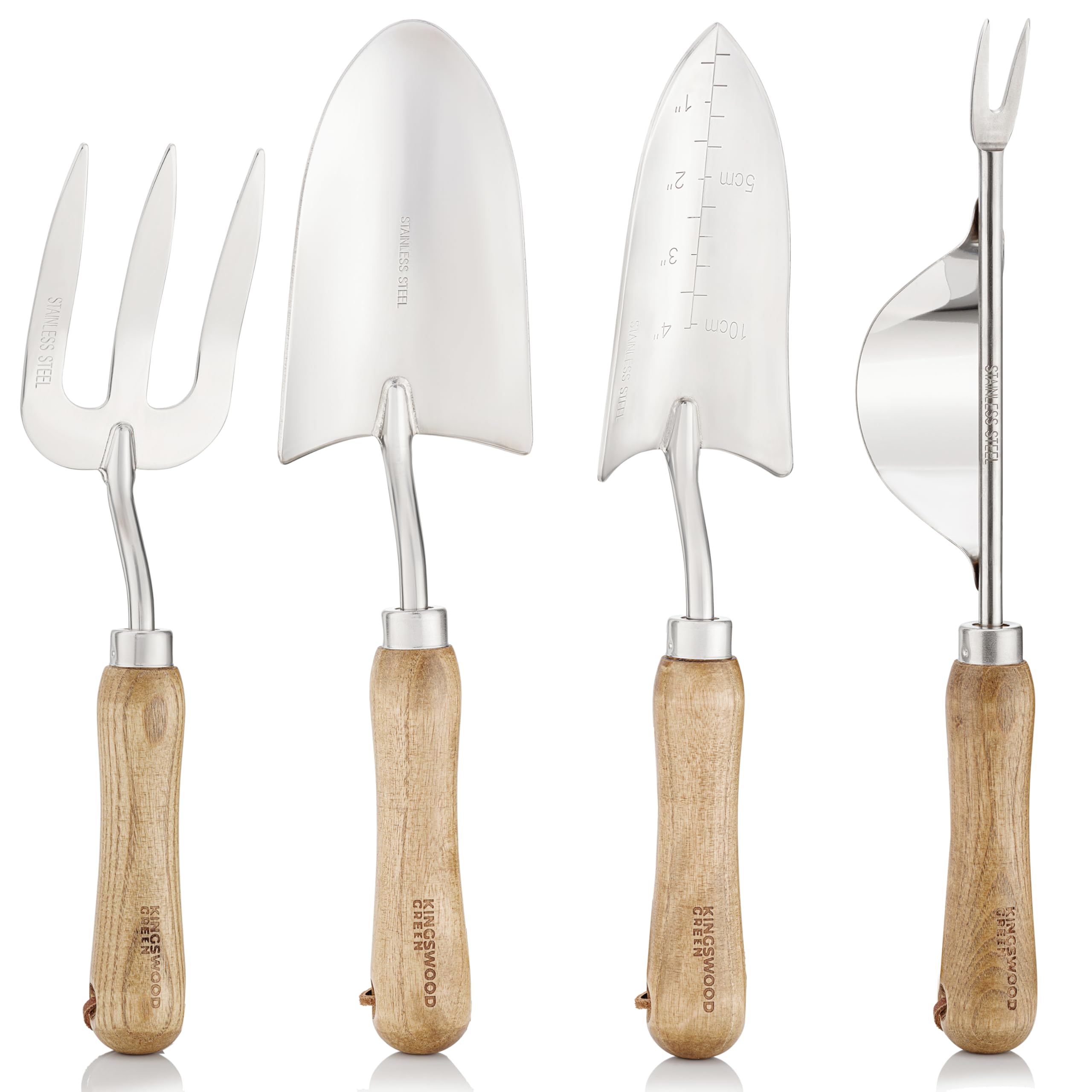 Set regalo di 4 attrezzi da giardino, manici in legno di frassino, cazzuola, trapiantatore a mano, sarchiatore e forchetta, realizzato in acciaio inossidabile