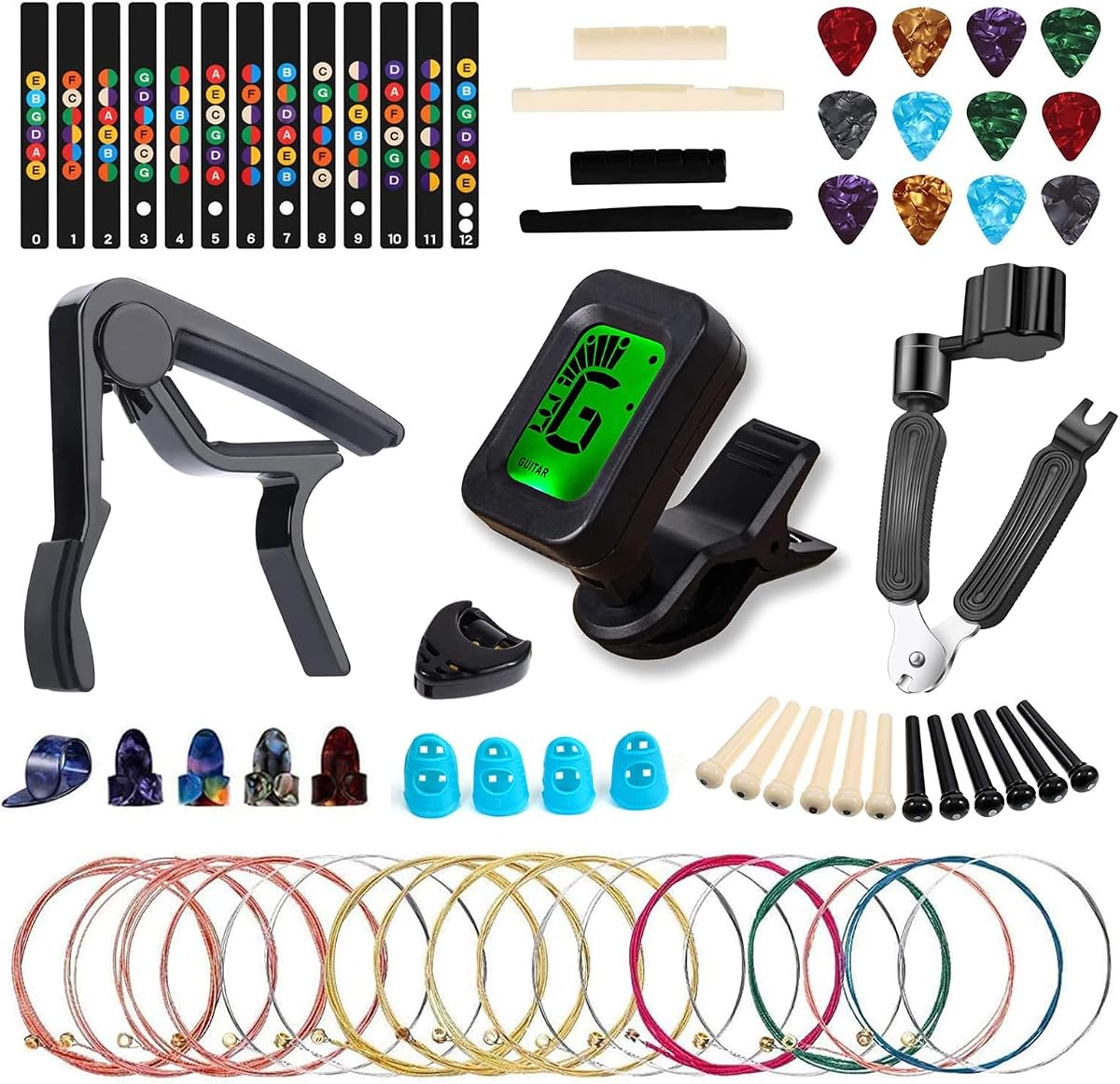 60PCS Acoustic Guitar Accessories Kit Including Guitar Strings, Tuner, Capo, 3-in-1 Restring Tool, Pick Holder, Bridge Pins, Nuts & Saddles, Finger Protector, Finger Picks, Fretboard Stickers