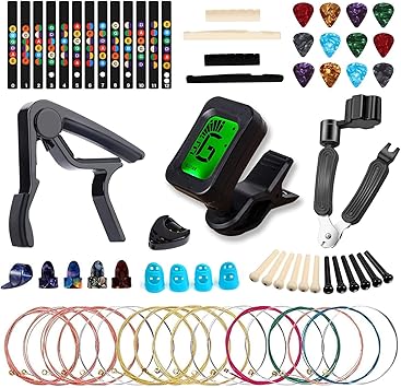 60PCS Acoustic Guitar Accessories Kit Including Guitar Strings, Tuner, Capo, 3-in-1 Restring Tool, Pick Holder, Bridge Pins, Nuts & Saddles, Finger Protector, Finger Picks, Fretboard Stickers