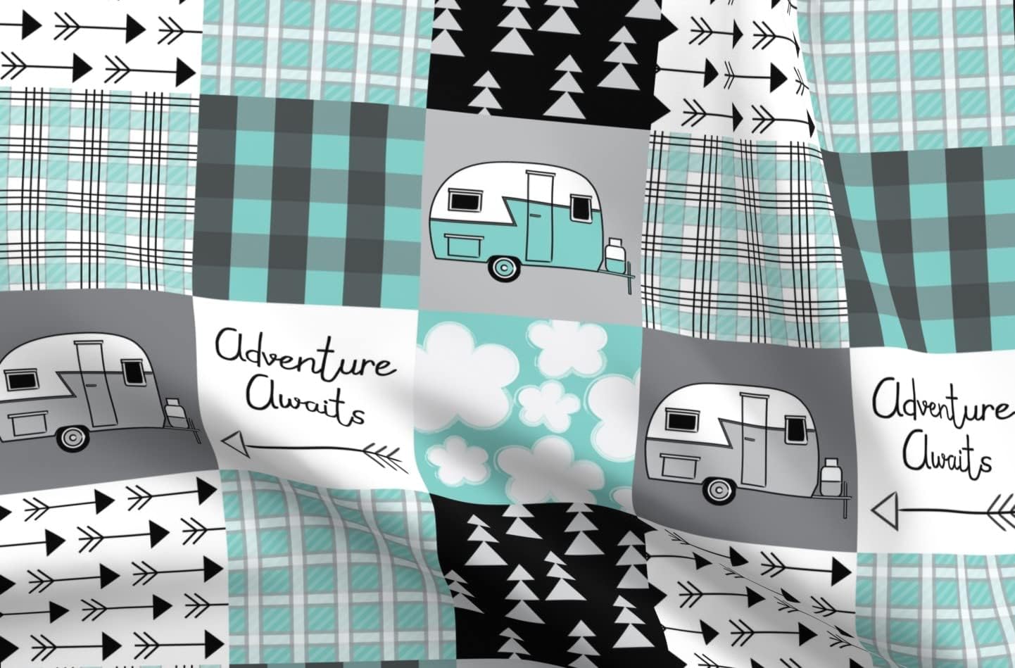 Spoonflower Fabric - Trailer Teal Vintage Retro Old Camp Camping Campground Rv Travel Blue Printed on Petal Signature Cotton Fabric Fat Quarter - Sewing Quilting Apparel Crafts Decor