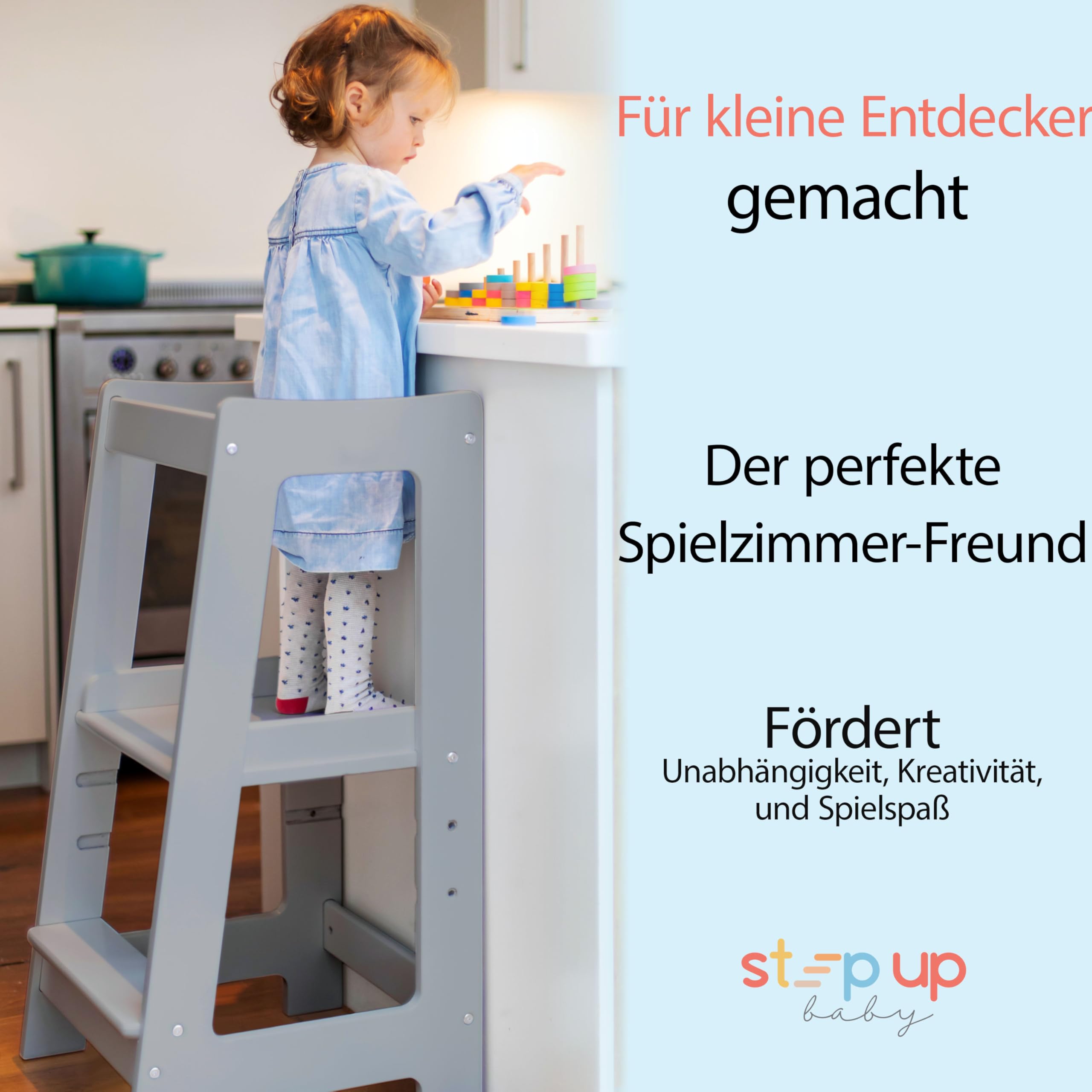 Stepup Baby Montessori Lernturm Tritthocker | Hochstuhl | Höhenverstellbar | Küchenhelfer | Sicherheitsgeländer | Für Kinder von 18 Monaten bis 5 Jahren - Grau