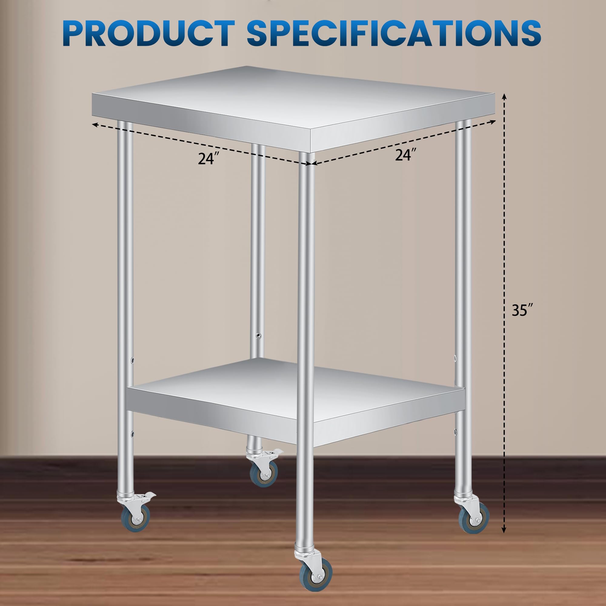 Edelstahltisch, 61 x 61 cm, robuster Arbeitstisch mit verstellbarer Unterablage und feststellbaren Rollen, 2-stöckiger Metall-Vorbereitungstisch für gewerbliche Küche, Restaurant, Garagen