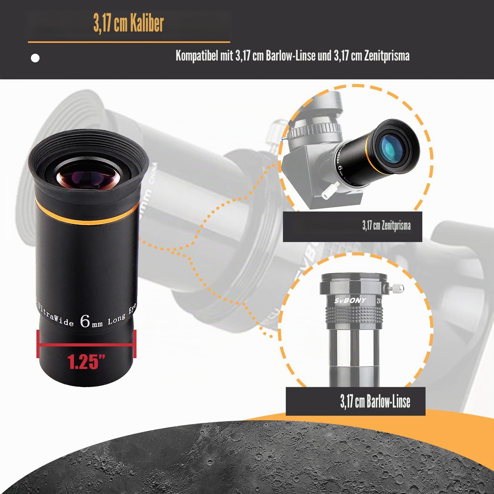 Svbony Okular Teleskop, 1,25” 6mm 66° Ultra Weitwinkel Teleskop Okular Angenehmes Sichtfeld Linse, Planeten Scharfe Bilder, für Mond Planeten Doppelstern