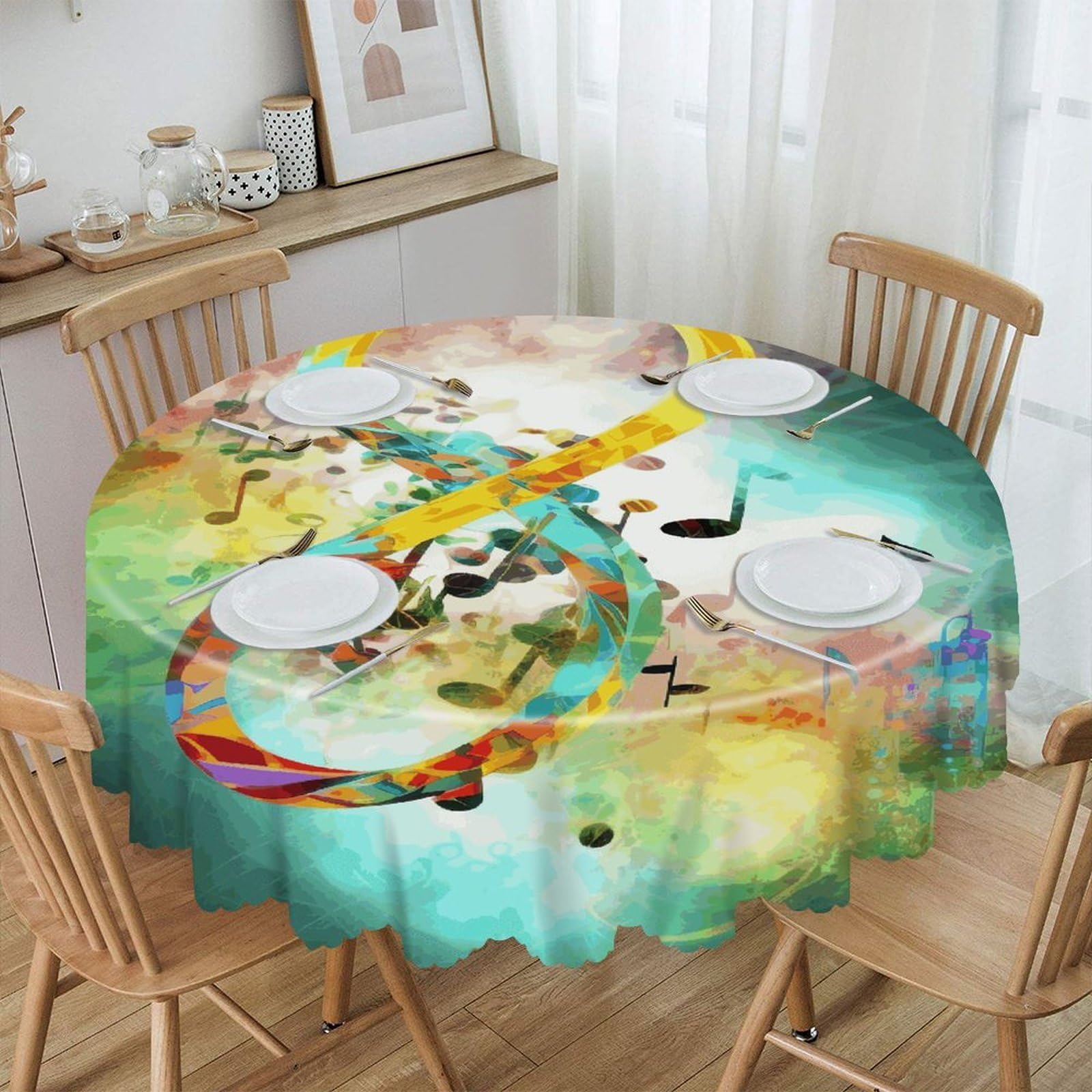 VstaDank Abstract Music Symbol Round Tablecloth Premium Polyester Table Cloth Heavy Duty Washable Fabric Tablecloth Waterproof Holiday Table Cover Decorative Tablecloths for Dining 60"