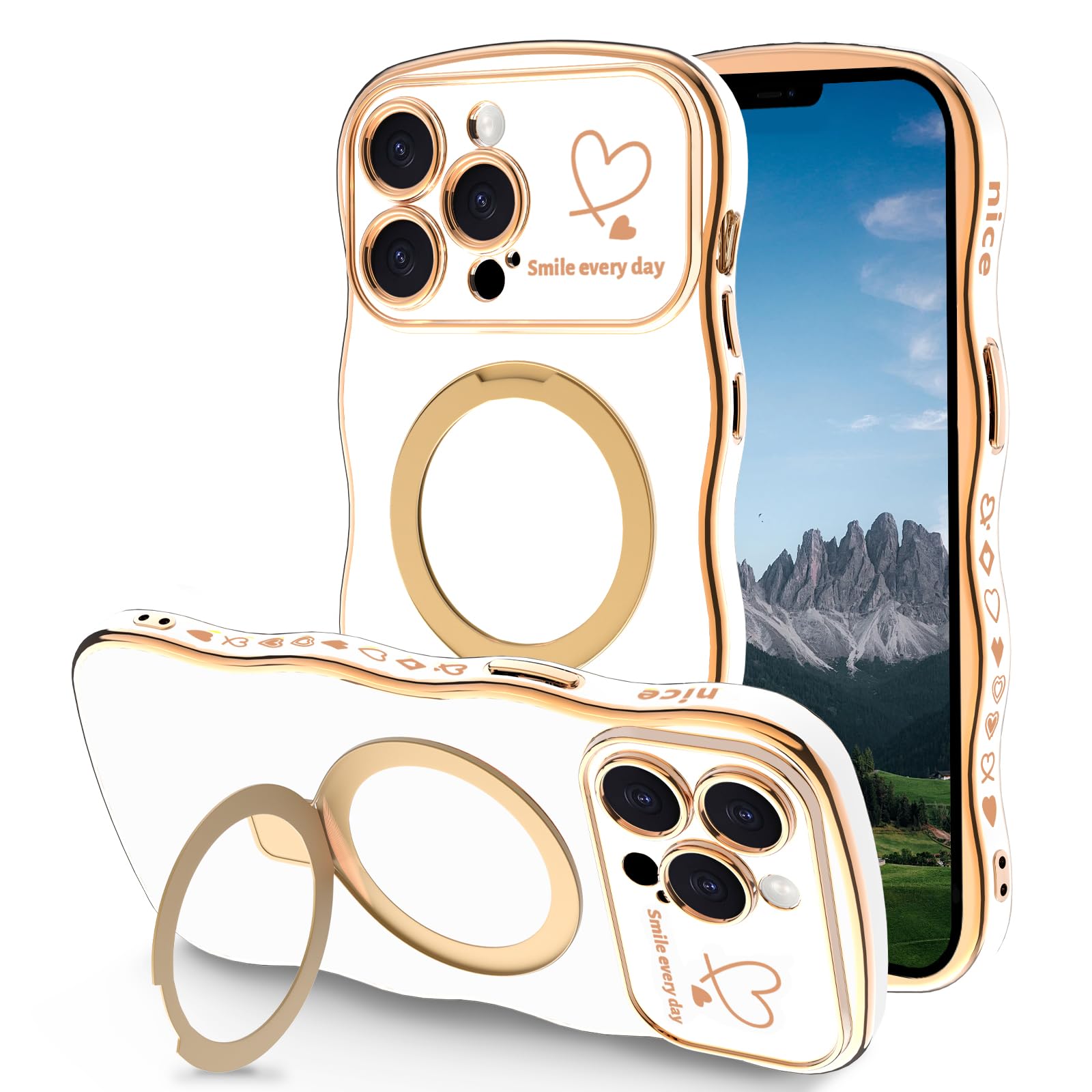 TKJSQ Case for iPhone 13 Pro Max with Magnetic Stand, Luxury Plating Curly Wavy Frame and Cute Heart Pattern, Lens Edge Raised Protection, Slim