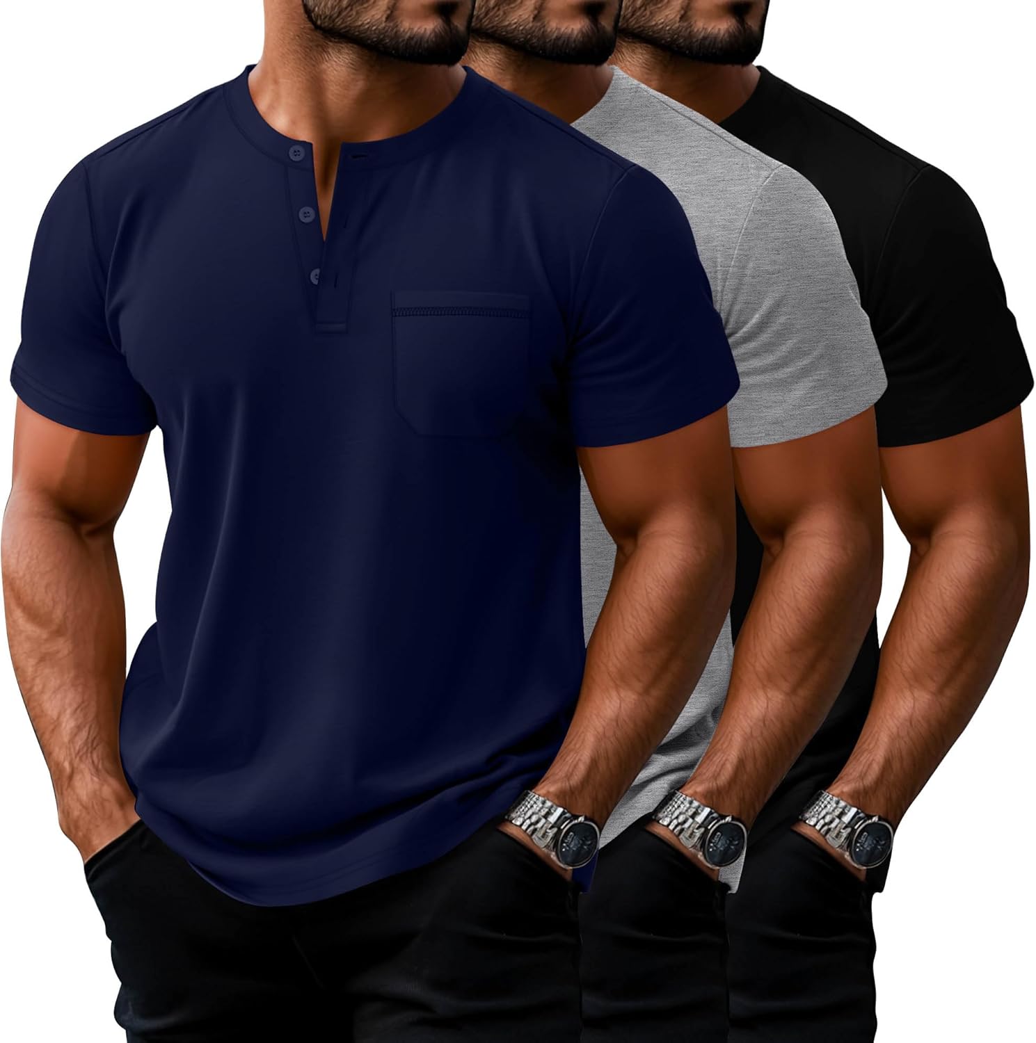 Riyiper 3 Pack Men's Big and Tall Henley T-Shirts, Short Sleeve Pocket Cotton Loose Fit Shirt Summer Oversized Button Tee