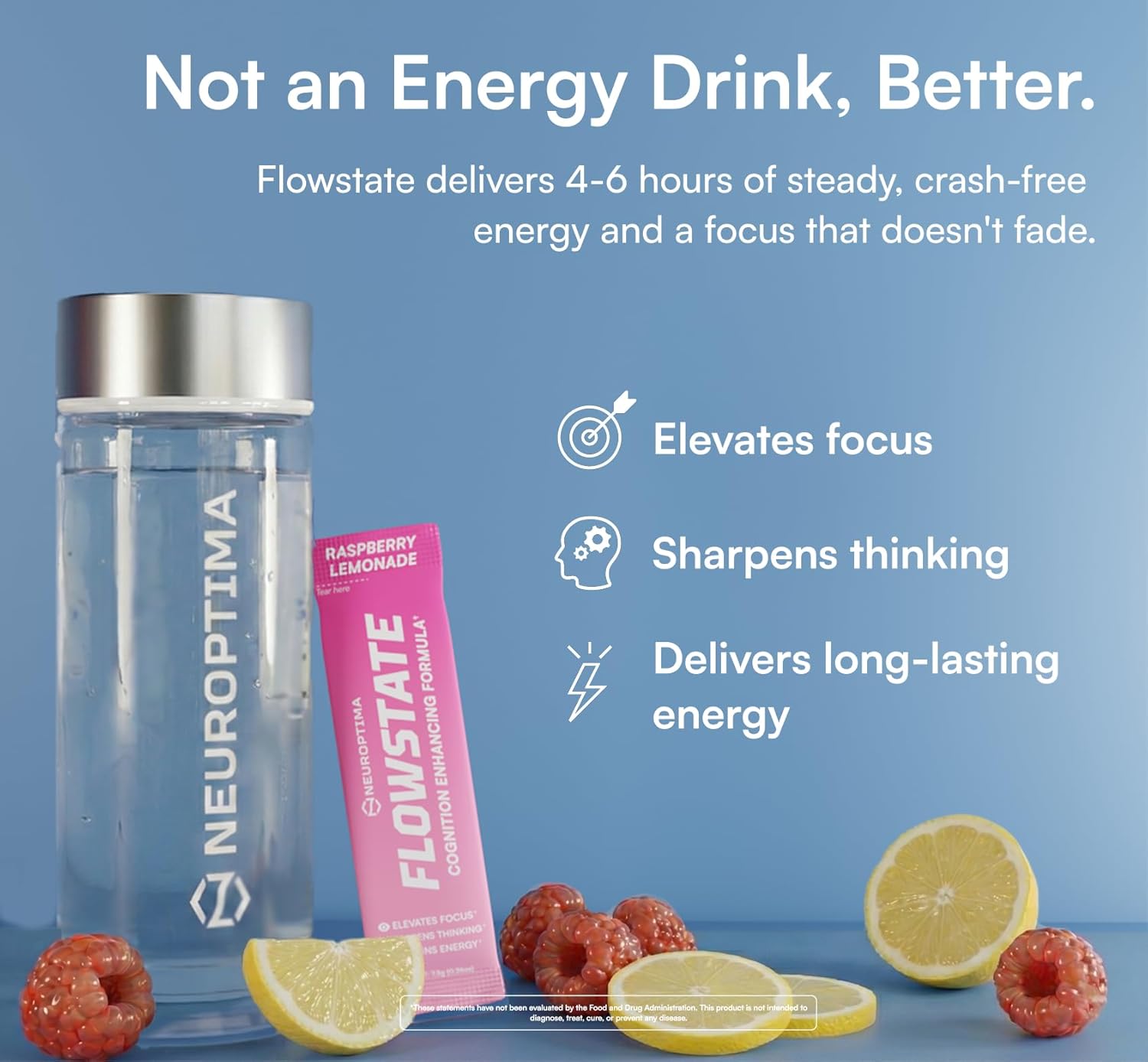 NEUROPTIMA® Flowstate - Performance Nootropic Complex for Energy, Focus & Productivity | Extended Release Caffeine, L-theanine, Theobromine, Alpha-GPC, nooLVL® | 30 Servings - Raspberry Lemonade