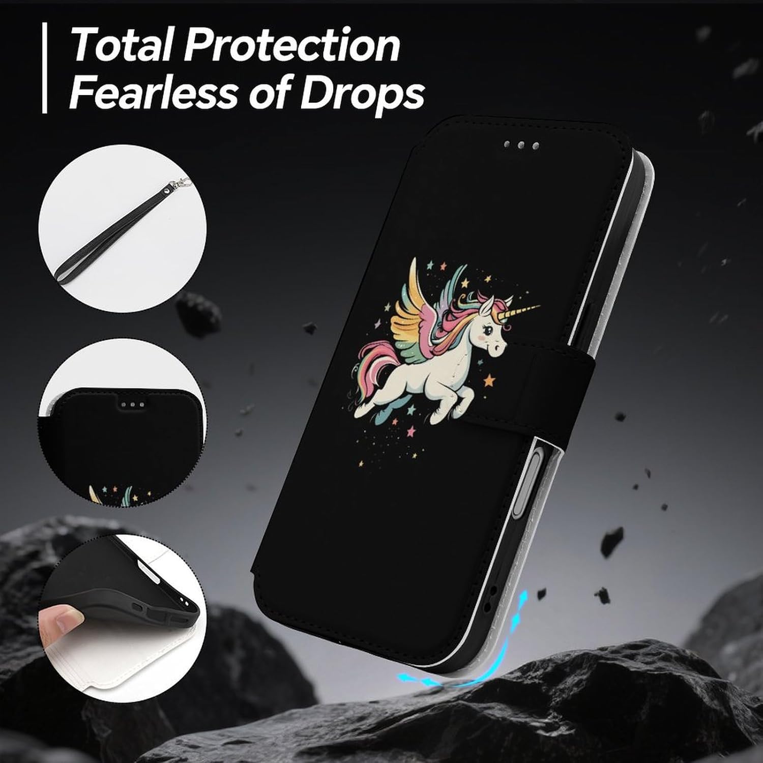 Cute Unicorm Compatible with iPhone 16/16 Plus/16 Pro/16 Pro Max/16 E Case Phone Wallet Card Holder Flip Cover with Wrist Strap