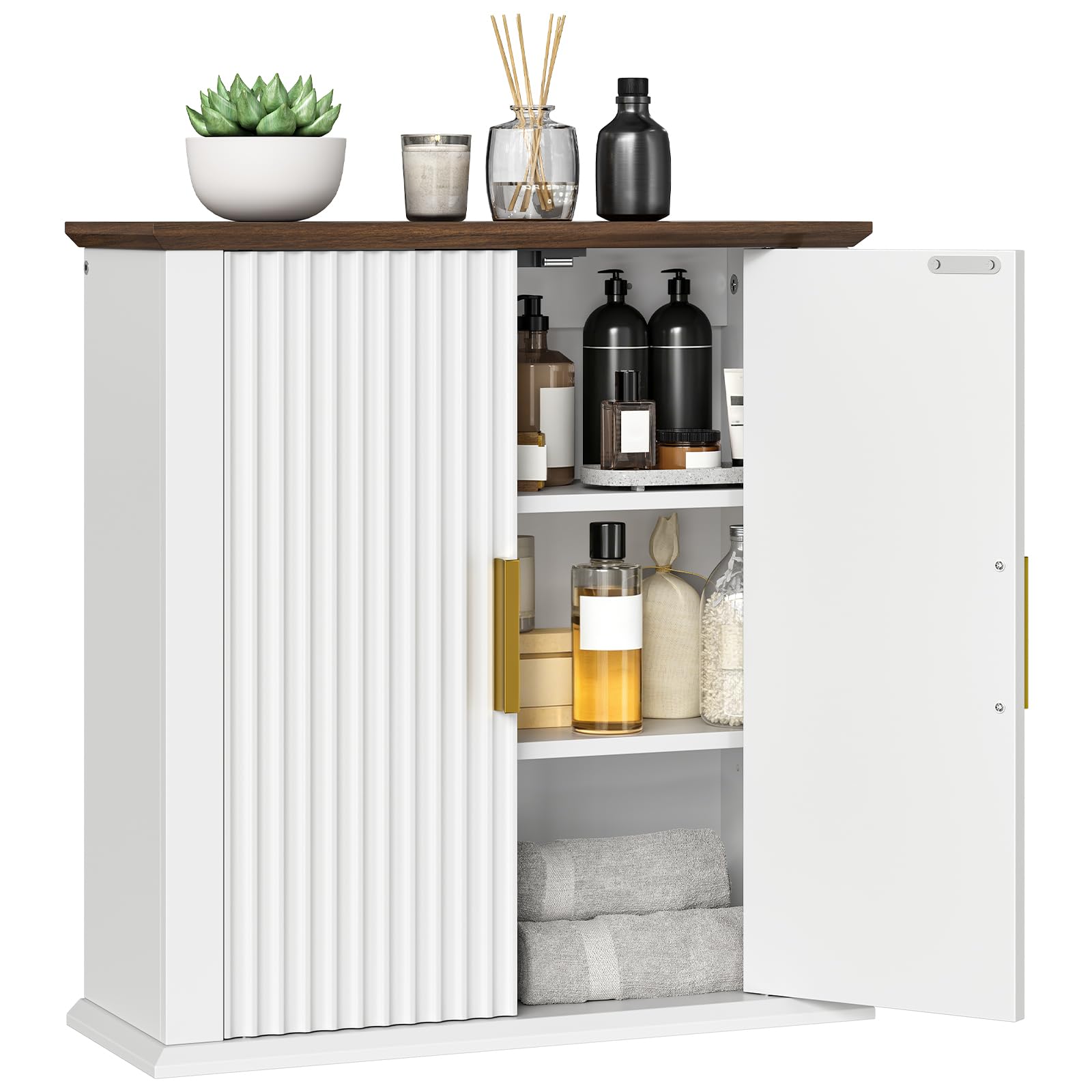 CHOEZON Armario de Pared para Baño, Gabinete con Diseño Ondulado, Estante Ajustable y Estilo Campestre, Mueble Colgante para Baño, Cocina, Lavandería, Blanco y Nogal