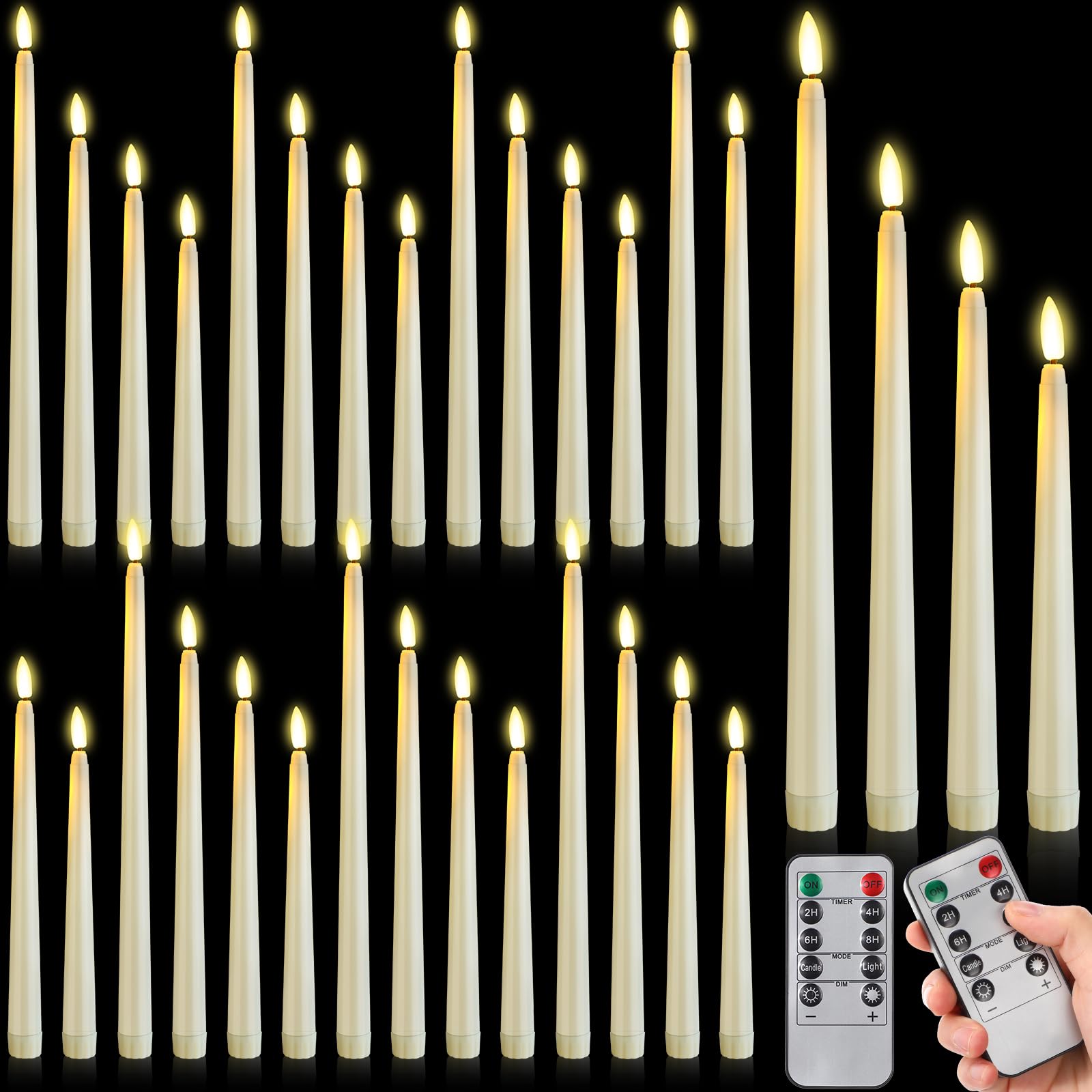 28 pcs flameless taper candles with timer remote 4 sizes of 8.5", 9.6", 10.83", 12.8" led flameless flickering taper candles battery operated for church wedding home decor(warm white)