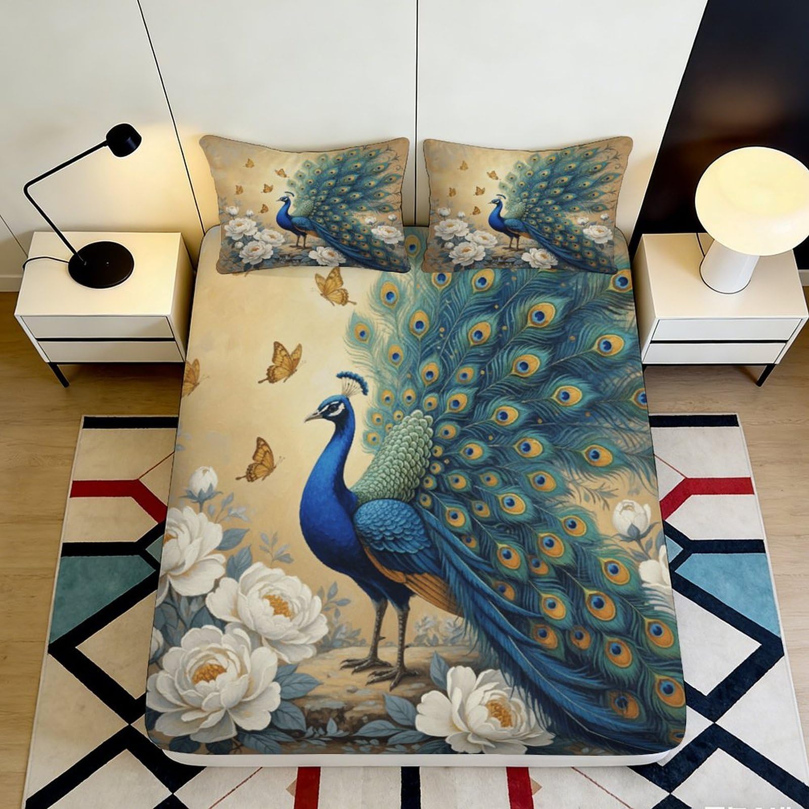 3D Printed Peacock Floral Fitted Sheet Microfiber Bed Cover Soft Anti-Slip Elegant Bedroom Guestroom Decor Machine Washable 90x200x25cm