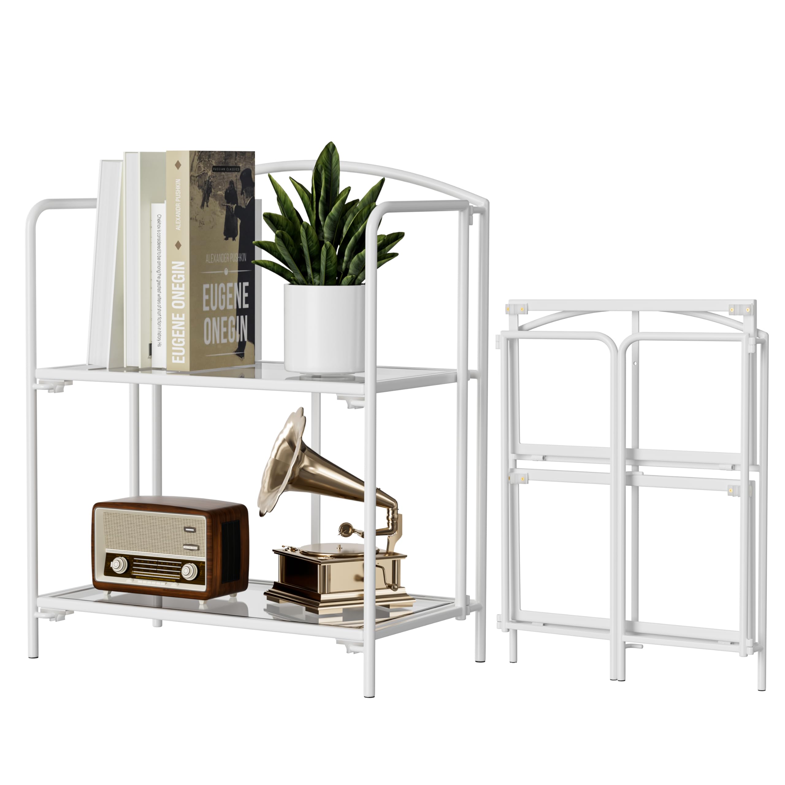 Crofy 2-Tier Foldable Bookshelf, White Frame & Transparent Shelves