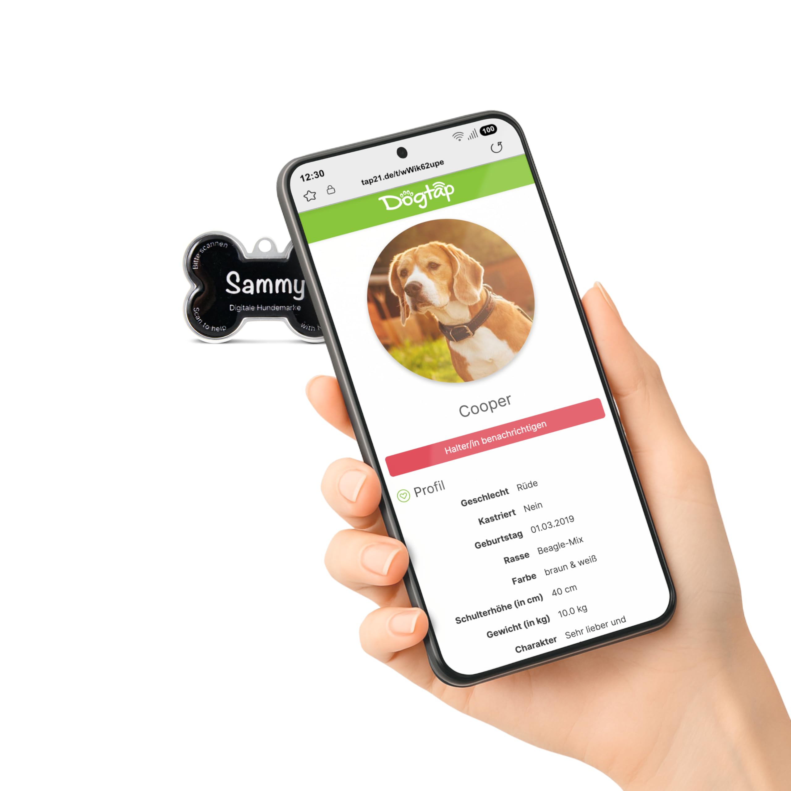 Solid, digitale Hundemarke mit NFC und QR-Code, personalisierbar mit Namen, PVC/Metall, 41,6 × 28,5 mm, wasserfest und robust