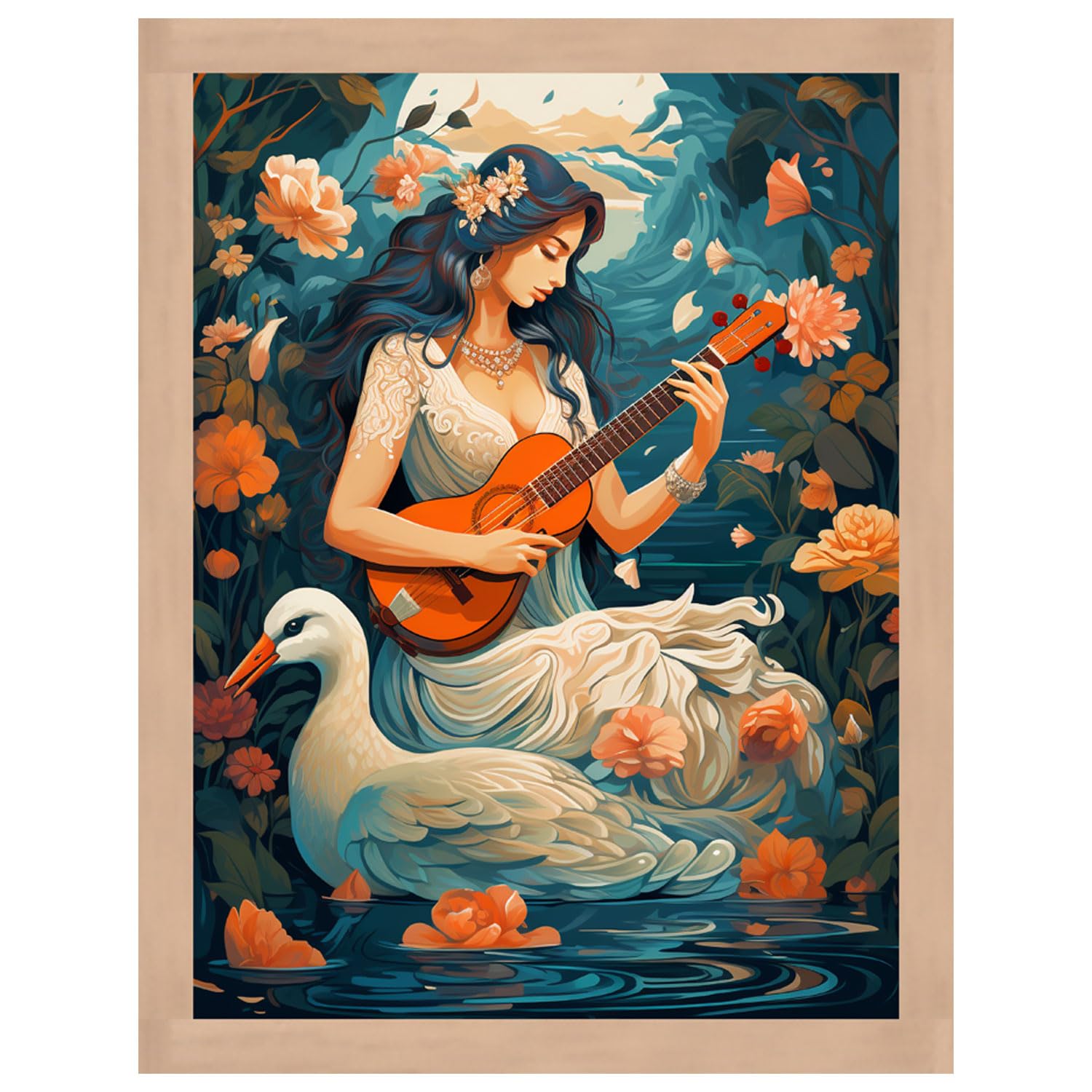 WALL PROFILE "Colorful Woman and Swan Wall Decor Digital Painting For Living Room Wall Hanging Ready To Hang Painting (11x14 inch)