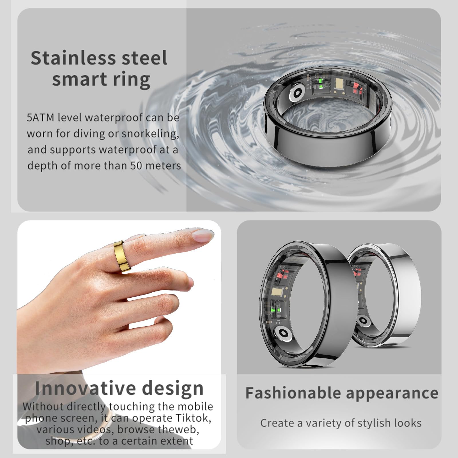 findtime Smart Ring Smartringe für Herren Damen IP68 Wasserdicht Fitness Ring Schrittzähler Kalorien Schlaftracker Smartring Android iOS Physiologische Erinnerung Herzfrequenz Aktivitätstracker