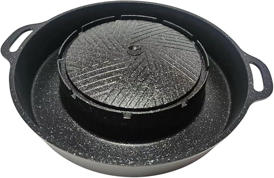 2-in-1 Round Grill Pan and Hot Pot Combo, Non-Stick Aluminum BBQ Griddle for Camping, Travel, and Home Korean BBQ