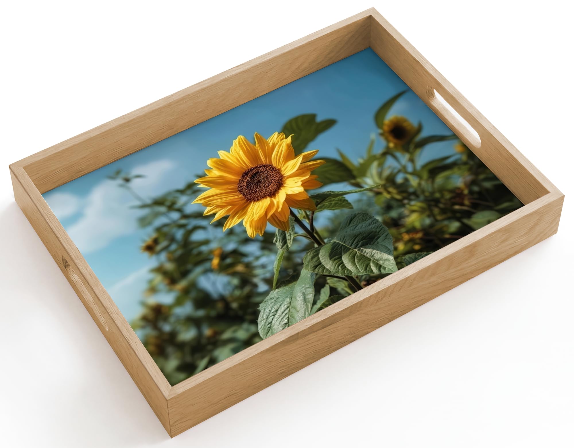 Tablett Rechteckig 40x30 cm Serviertablett rutschfest Griff Küchentablett Servierplatte Eiche Holztablett Henkel Hitzebeständig Sonnenblumen - Strahlend Blauer Himmel - Gras