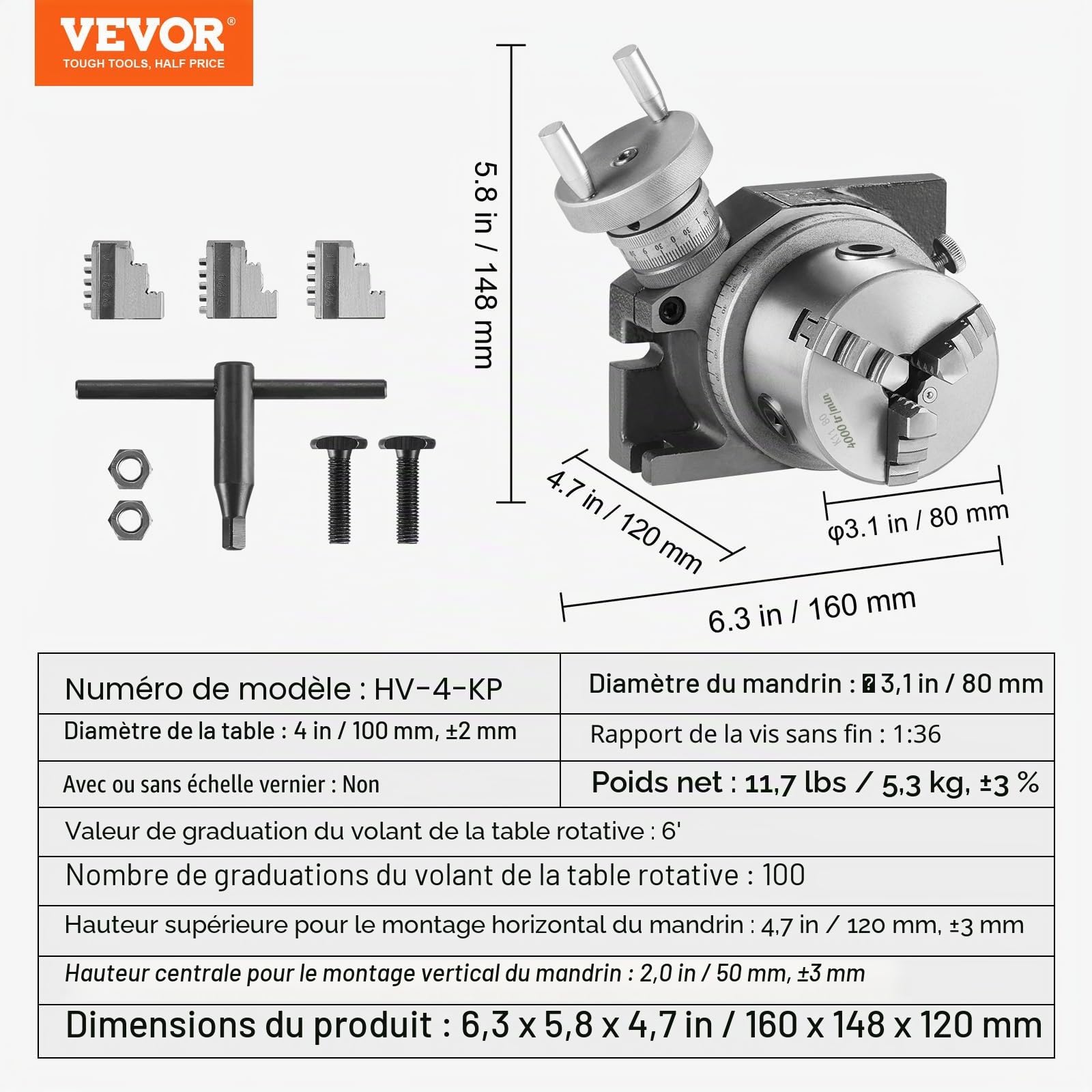 VEVOR Table rotative pour fraiseuse 100 mm, modèle horizontal vertical, table rotative de précision, avec mandrin à 3 mâchoires de 80 mm, écrous en T M10, pour outils d'indexation d'ingénierie