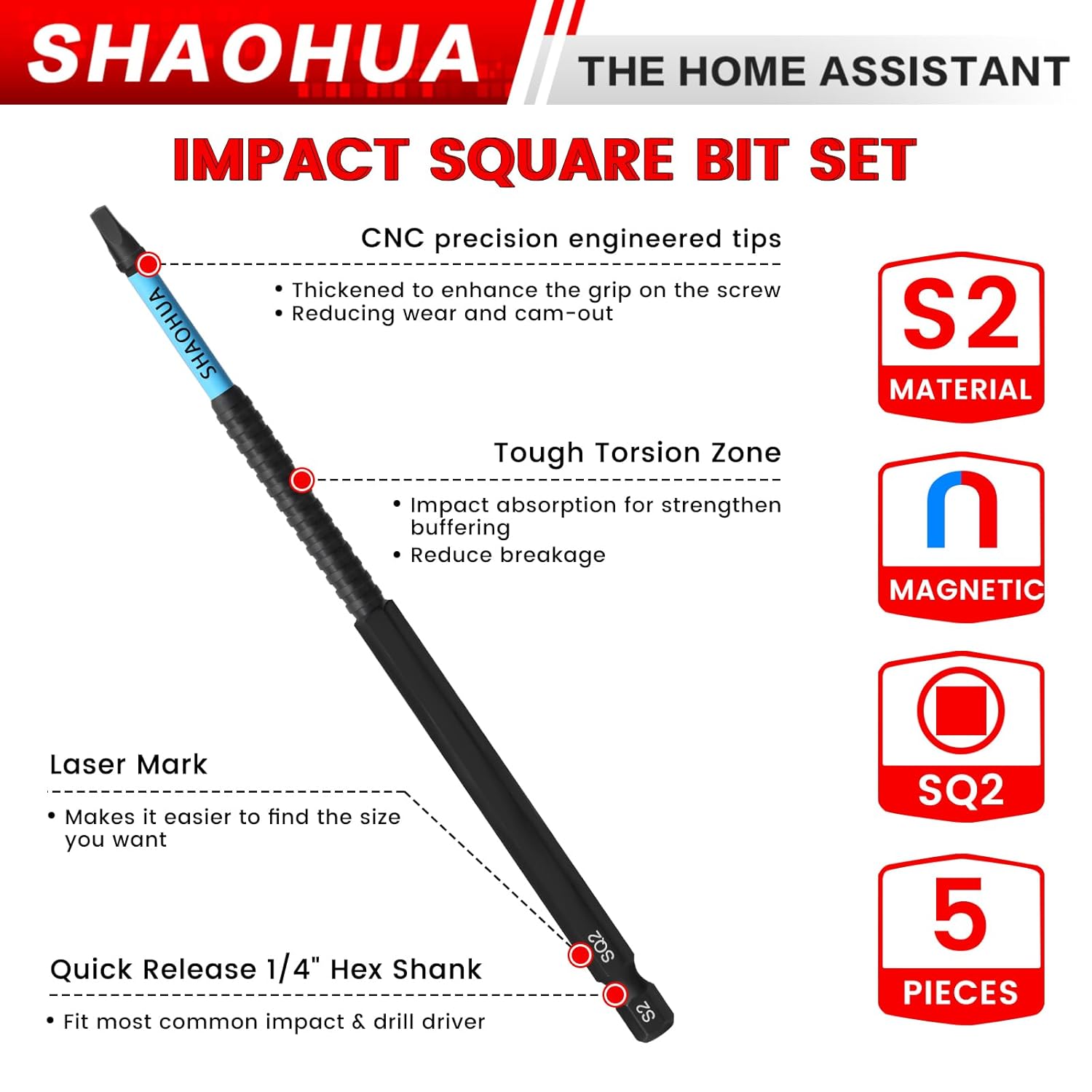 SQ2 Square Drive Bit, 6" Long Screwdriver Bits for Pocket Hole Jig System, for Narrow Area and Woodworking, Magnetic Tip 1/4 Inch #2 Square Head Screwdriver for Impact Driver, 5Pcs, S2 Steel