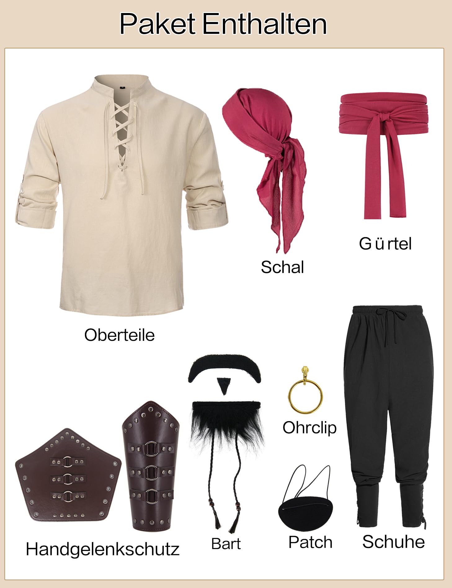 Mrsclaus Piratenkostüm Herren 8 Stück Mittelalter Kleidung Set Renaissance Viking Piraten Kostüm Hose Hemd mit Zubehör Augenklappe Kopftuch Gürtel Armschutz Goldohrring Kunstbart für Karneval