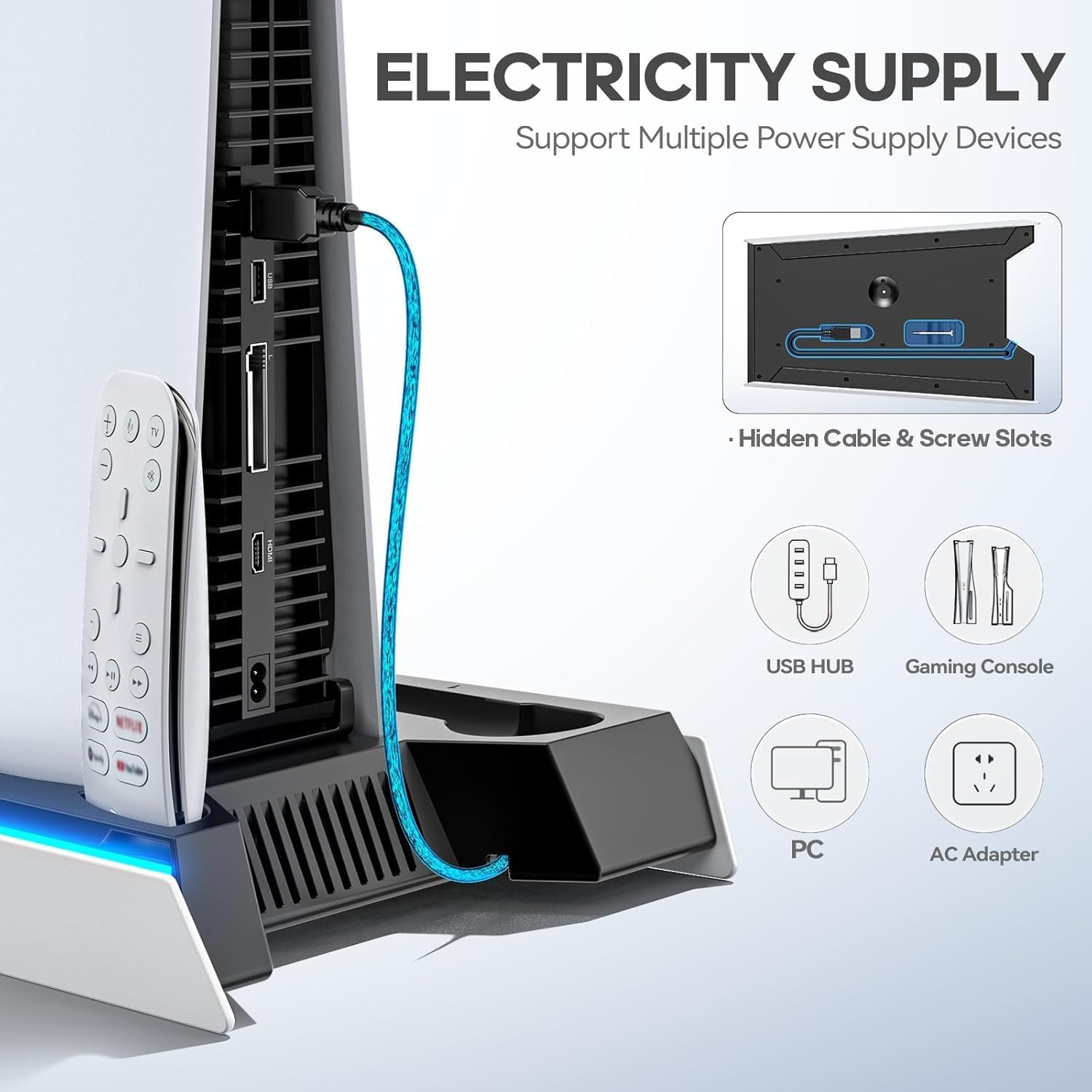 Tokluck Supporto per PS5 e Raffreddamento per PS5/PS5 Slim/PS5 PRO, Ricarica per P5 & Edge Controller, Ventola P5 a 3 velocità con 3 USB HUB