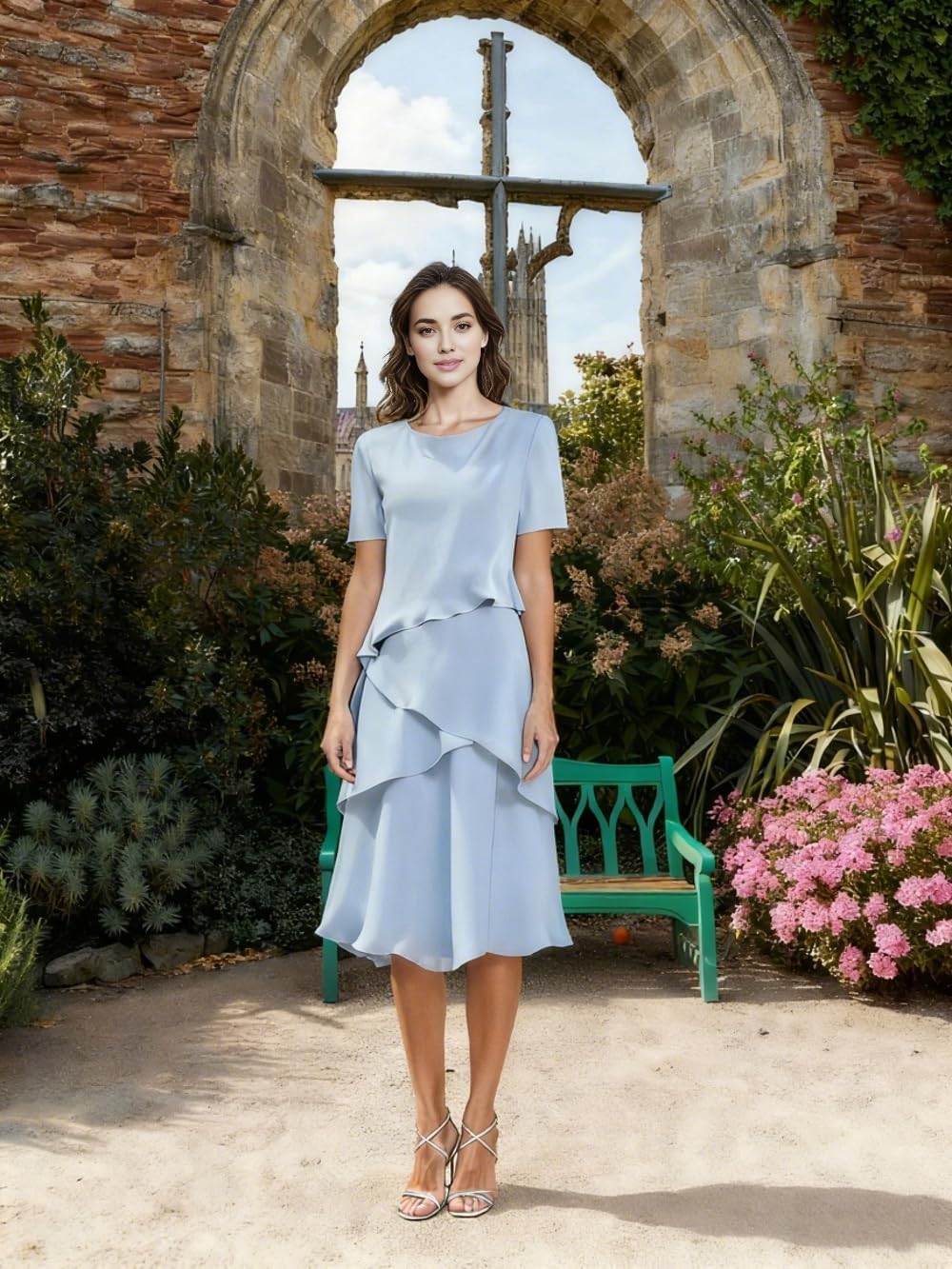 Women's Chiffon Crew Neck Short Sleeve Tiered Ruffle Midi Dress Elegant Formal Wedding Guest Gown