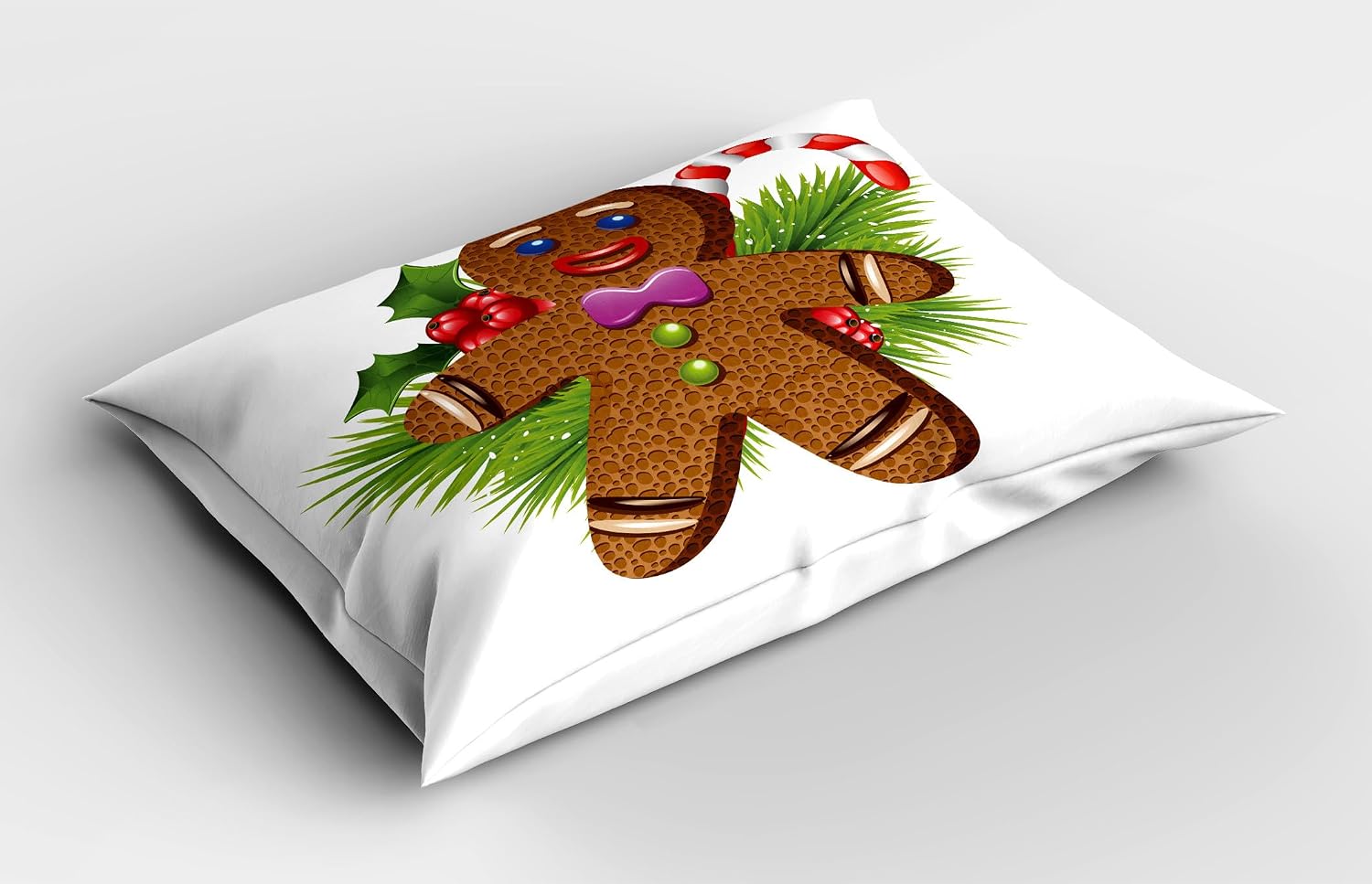 Ambesonne Gingerbread Man Pillow Sham Set of 2, Tasty Pastry on Coniferous Branches Candy Cane and Holly Berry, Quality Microfiber Bedding Item for All Seasons, 36" x 20", Brown Green Red