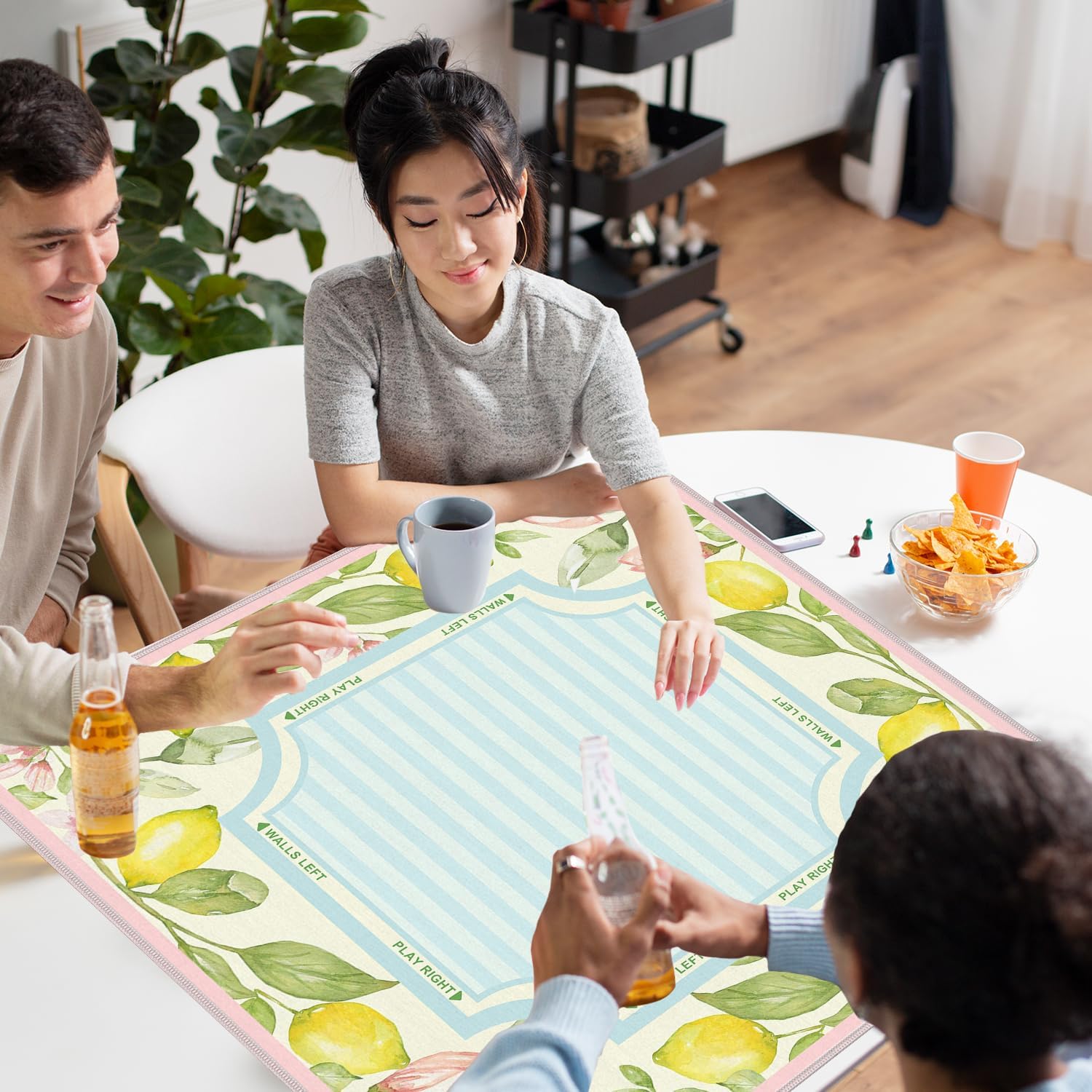 WHCHJ Light Blue Striped Lemon Mahjong Mat 31.5 x 31.5 in, Summer Italian Lemon Floral Botanical Anti-Slip Noise-Reducing Mahjong Mat for Table Board, Games Tile Games, Poker and Cards