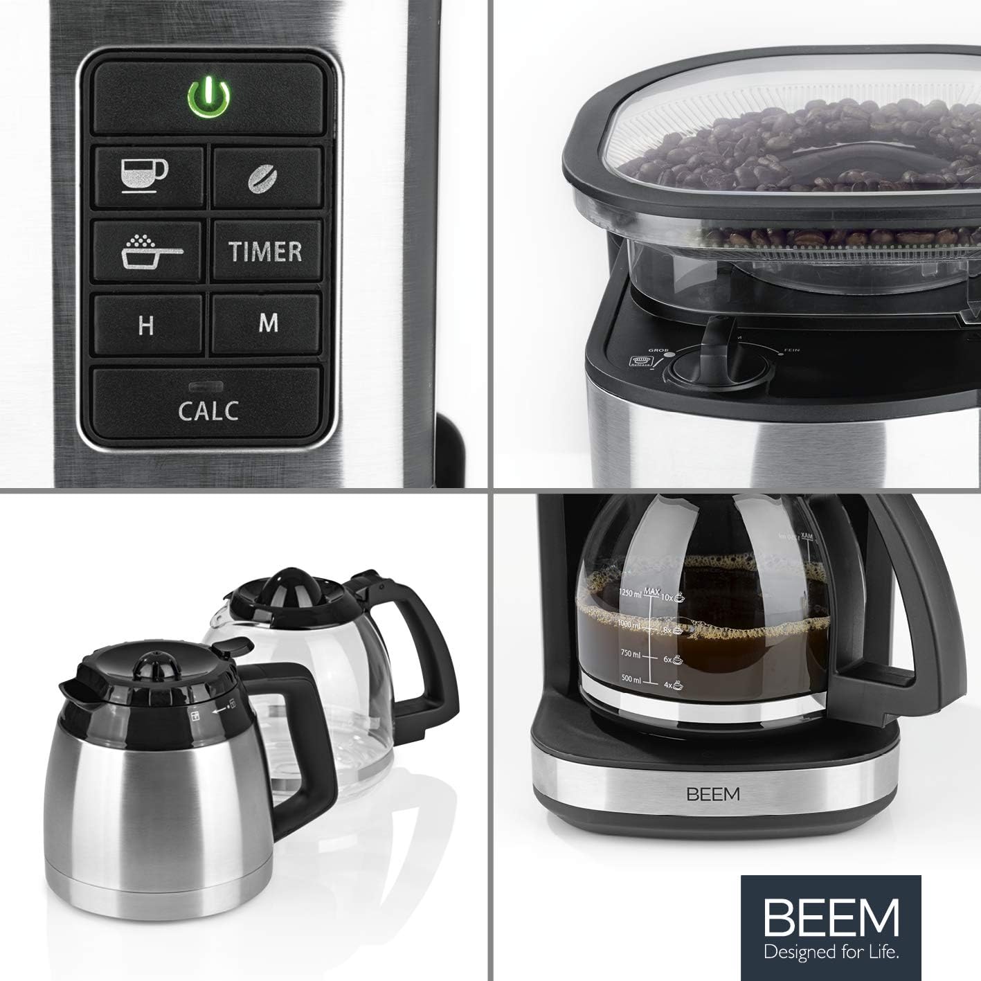 Detailed view of BEEM FRESH-AROMA-PERFECT II features: control panel, bean hopper, and both carafes.