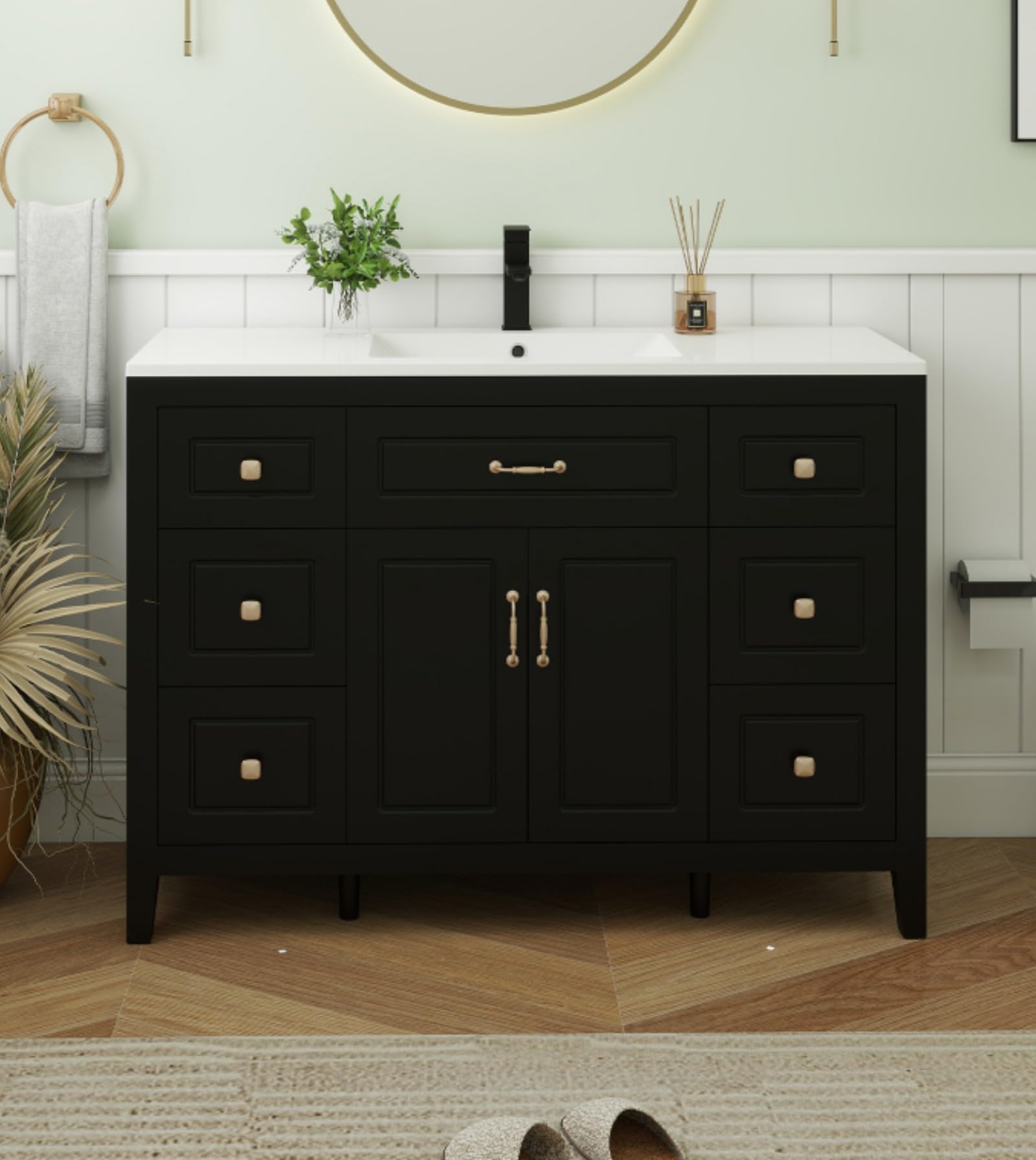 YOURLITE 48 inch black bathroom vanity with sink, six drawers and soft-close doors