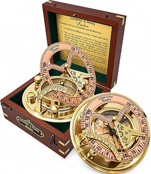 Antique Brass & Copper Sundial Compass 4 Inch with Wooden Box, Decorative Sundial Clock & Sun Compass, Christmas Unique Gift for Wedding, Groomsmen, Graduation