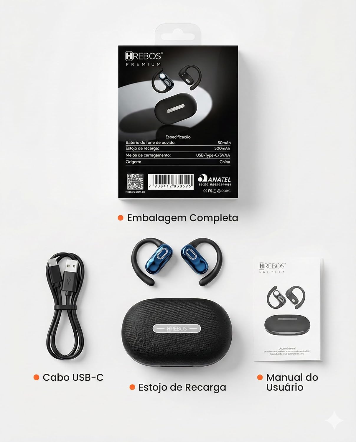 Fone de Ouvido Bluetooth Neckband HREBOS EB-220 Hwave – Som Estéreo, Bateria 50mAh + 500mAh, Carregamento USB-C, Encaixe Esportivo Confortável para Android e iOS