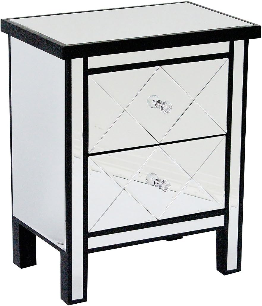 Modern Beveled Mirrored Finished 2 Drawer Accent Chest Nightstand, 20" x 13" x 26", Black