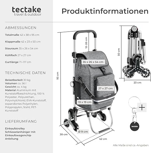 tectake® 56L Shopping Trolley on Wheels with 3-in-1 Function as Grocery Trolley, Shoulder Bag & Sack Truck, Folding Shopping Cart with Aluminium Frame, Stair-Climbing Wheels & Cooler Bag - Grey - 6