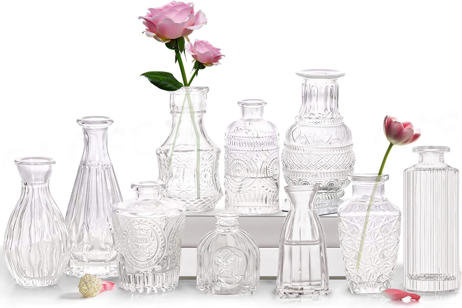 QLOFEI Set of 10 Small Glass Flower Vases for Centerpieces - Cute Clear Crystal Bud Vases in Bulk - Mini Vintage for Wedding Decorations, Party Table Decor