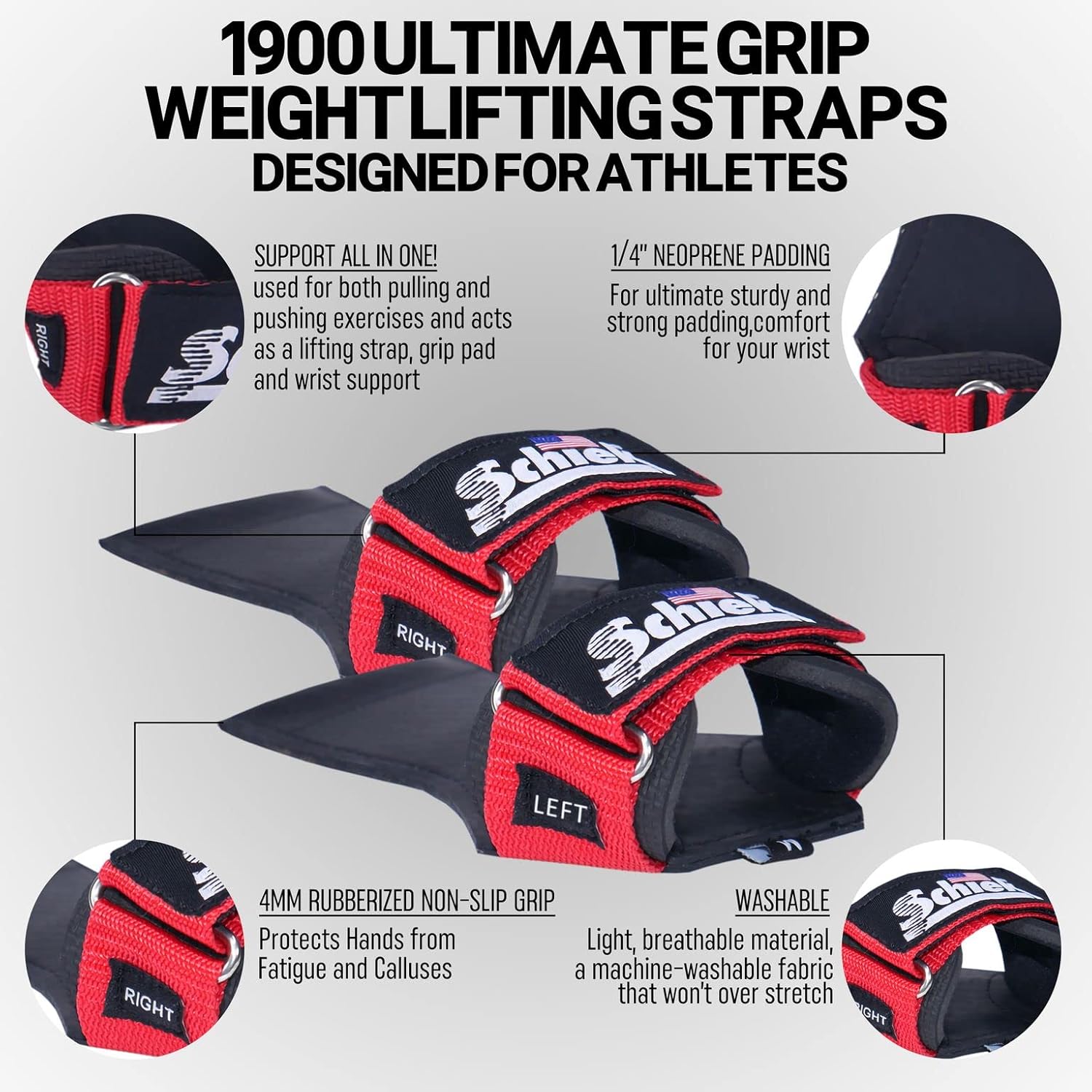 Schiek Sports 1900 Ultimate Hand Grip - 9 mm Thick Neoprene Grips for Weight Lifting - Ultra Durable Non Slip Secure Grip (Red, Medium)