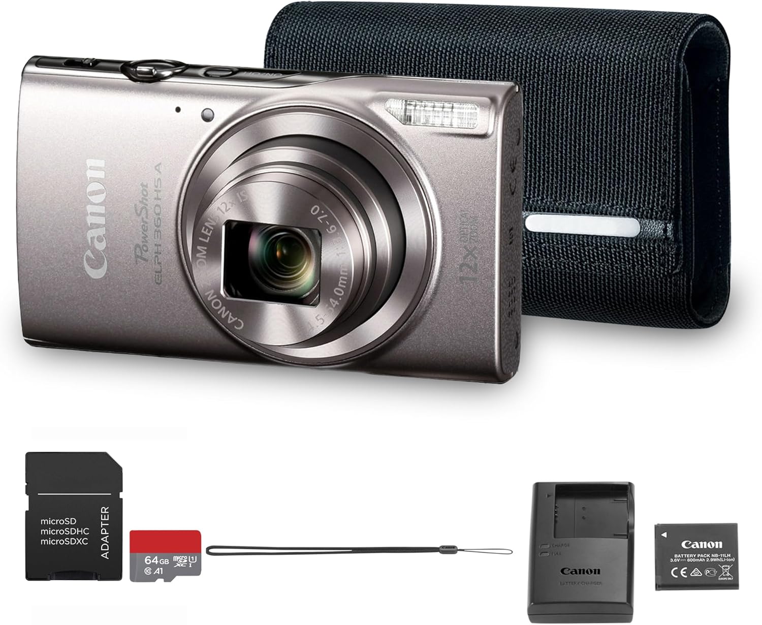 PowerShot ELPH 360 HS A Digital Camera (Silver) | 20.2MP CMOS Sensor, 12x Optical Zoom & Built-In Wi-Fi | Compact Point-and-Shoot for Travel, Family & Everyday Photography (7283C001) + 64GB Card