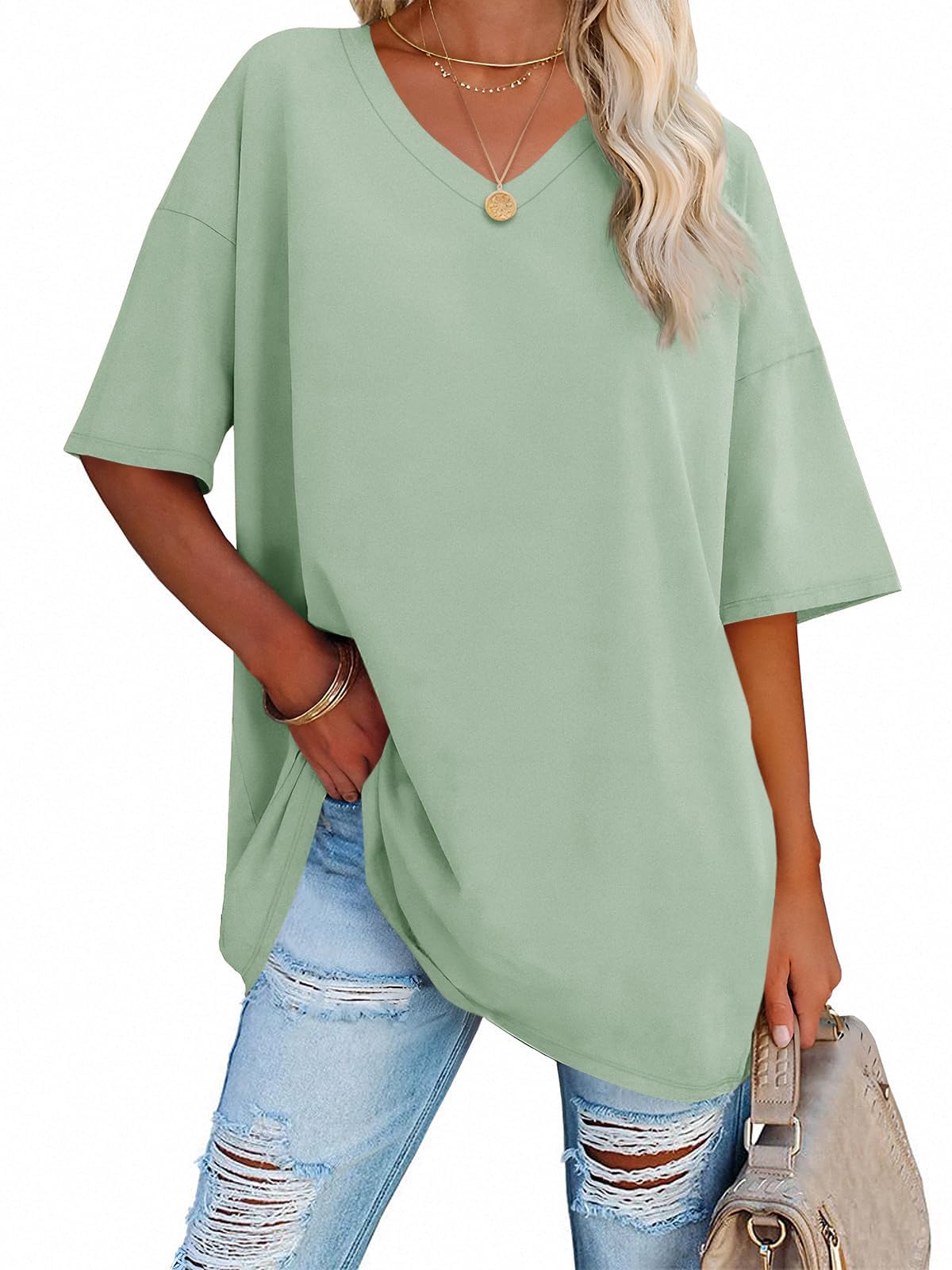 Ebifin Damen Oversize T Shirt mit V-Ausschnitt Kurzärmeliges Casual Lockere Basic Sommer Tee Shirts Bluse.