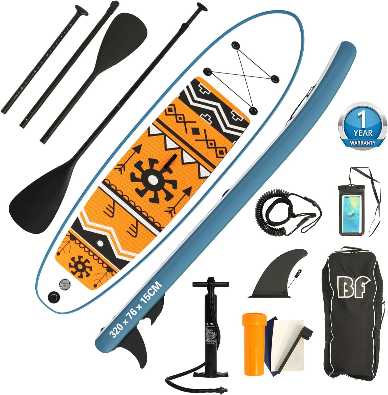 Inflatable Stand Up Paddle Board with SUP Accessories & Backpack. Paddle Boards for Adults. Non-Slip Deck, Wide Stance, Bottom Fin, Double Action Pump.